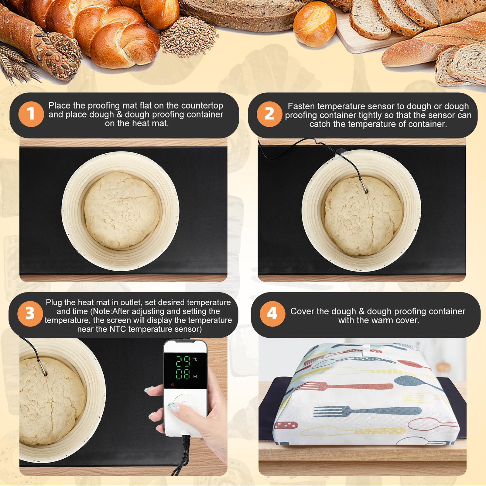 Bourske Bread Proofer Warming Mat with Heat Preservation Cover Adjustable Temperature Dough Starter Mat - Image 3