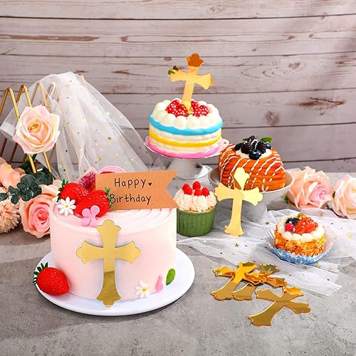 Miniatura 4 de 16 adornos de bautismo para tartas cruzadas para cupcakes, espejo dorado, acrílico, decoración para bautismo, decoración cristiana (estilo vívido)