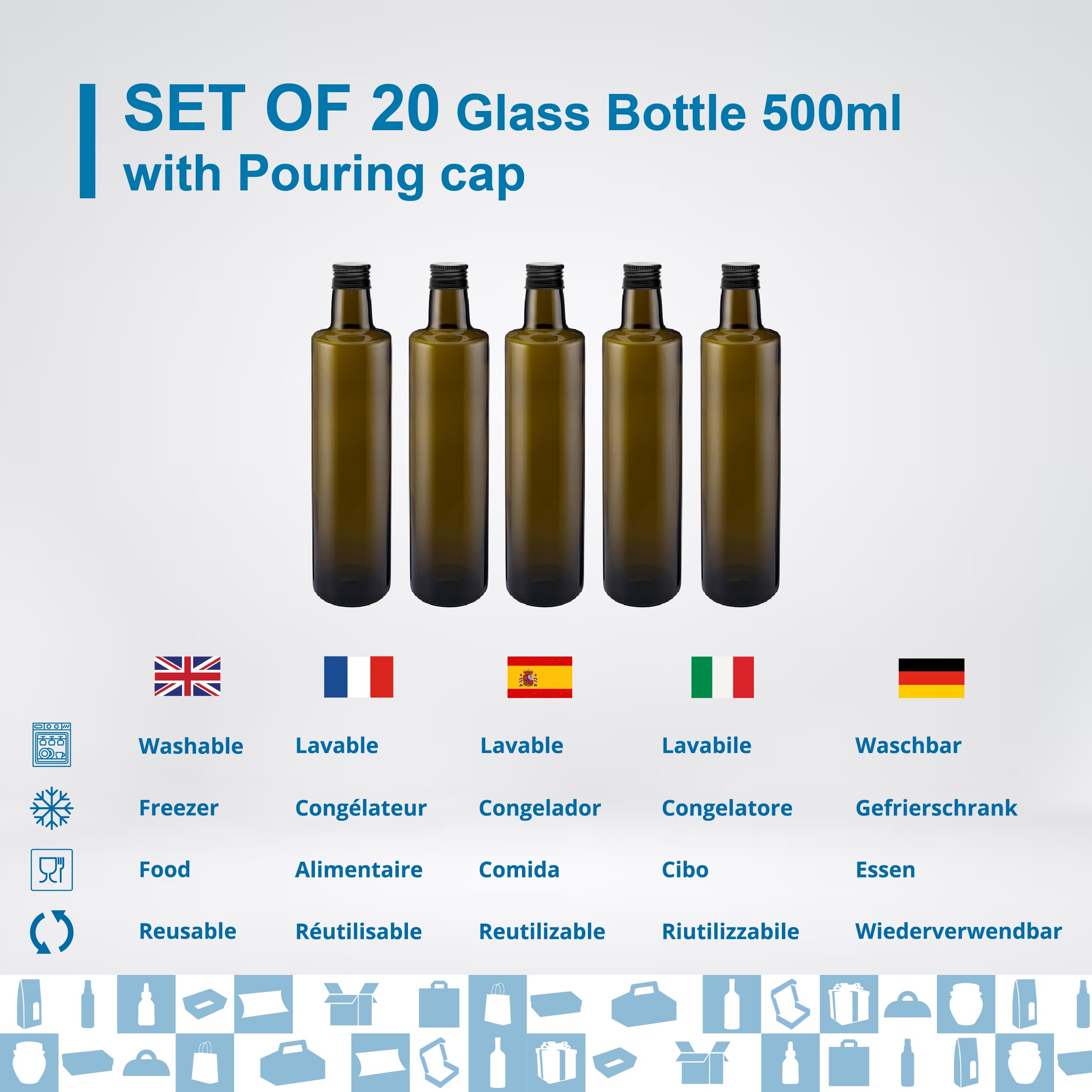 Espirito Rebelde - 20 botellas de vidrio oscuro 500 ml con tapón de rosca negro con boquilla para verter - Aceite de oliva, vinagre, alcohol, salsas - aceitera