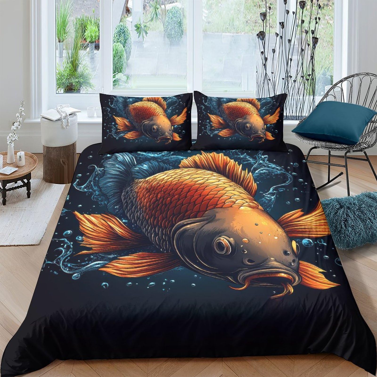 Ctjqhvkz Style-4 3D Printed Goldfish Art Fitted Sheet Microfiber Soft Decorative Koi Fish Bed Cover For Bedroom Dorm Mattress Protection Single（135X200cm）