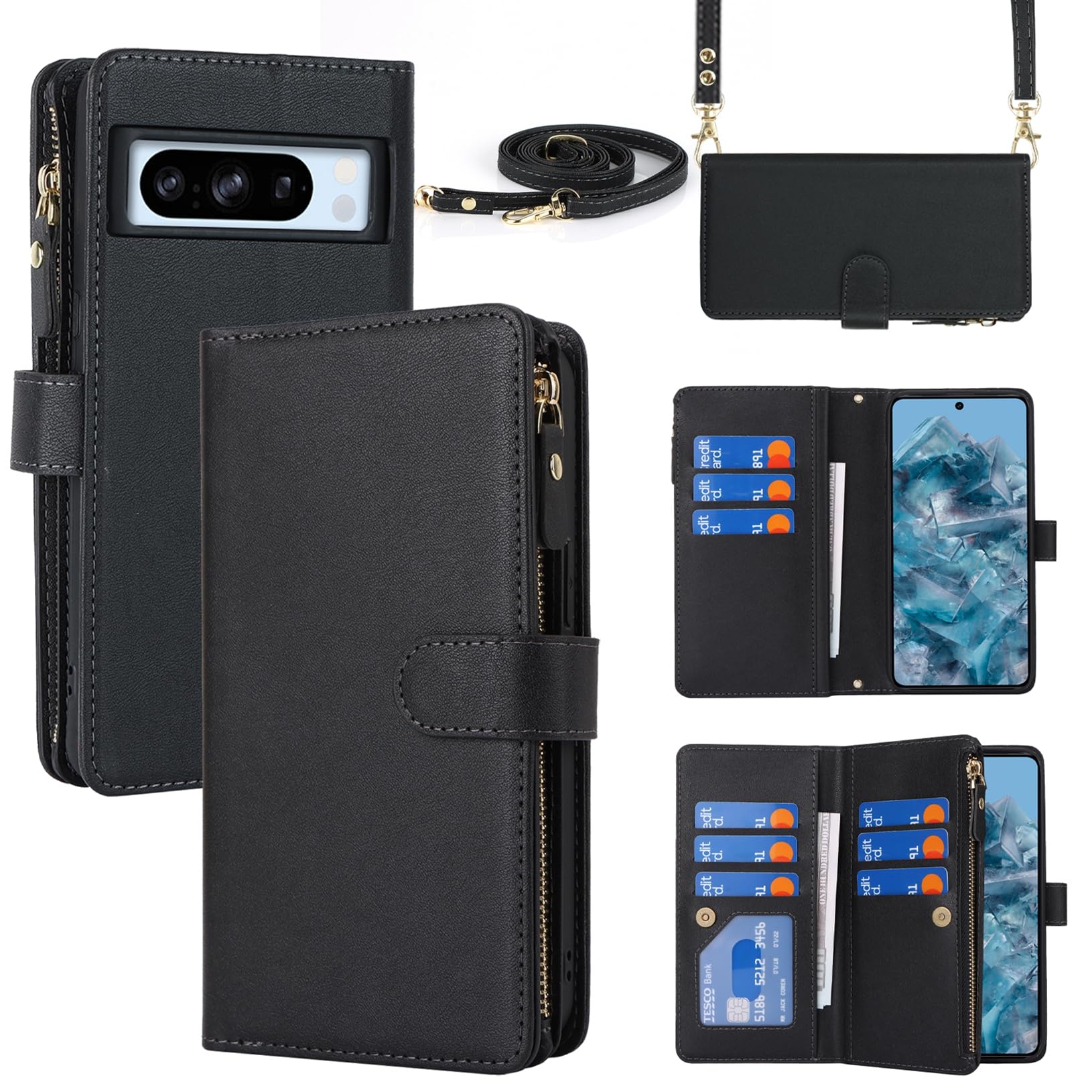 Jaorty for Google Pixel 8 Pro Phone Wallet Case for Women with Card Holder,Crossbody Pixel 8 Pro Case with Strap Lanyard,Zipper Pocket Magnetic Flip Leather Pixel 8 Pro Case,6.7" Black