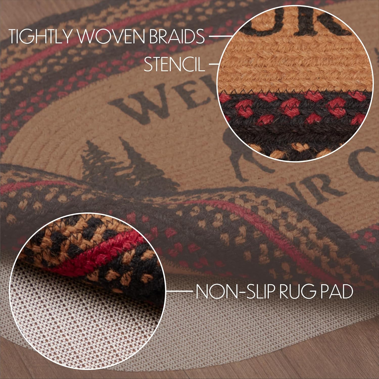 VHC Brands Cumberland Stenciled Moose Rustic Entryway Rug, Cozy Cabin Natural & Dyed Jute Tan Oval Welcome to The Cabin Mat Non Skid Pad 20x31