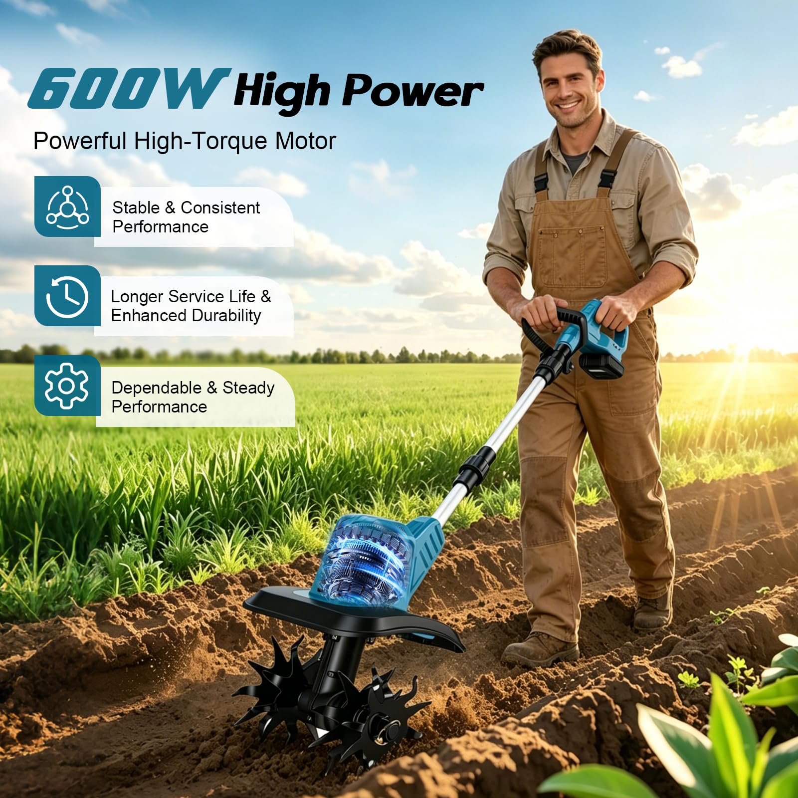 Motobloque plegable con batería de 2 x 21 V, 600 W | Ancho de trabajo 22 cm profundidad 17 cm, motor sin escobillas, máquina de binadora eléctrica para jardín y césped