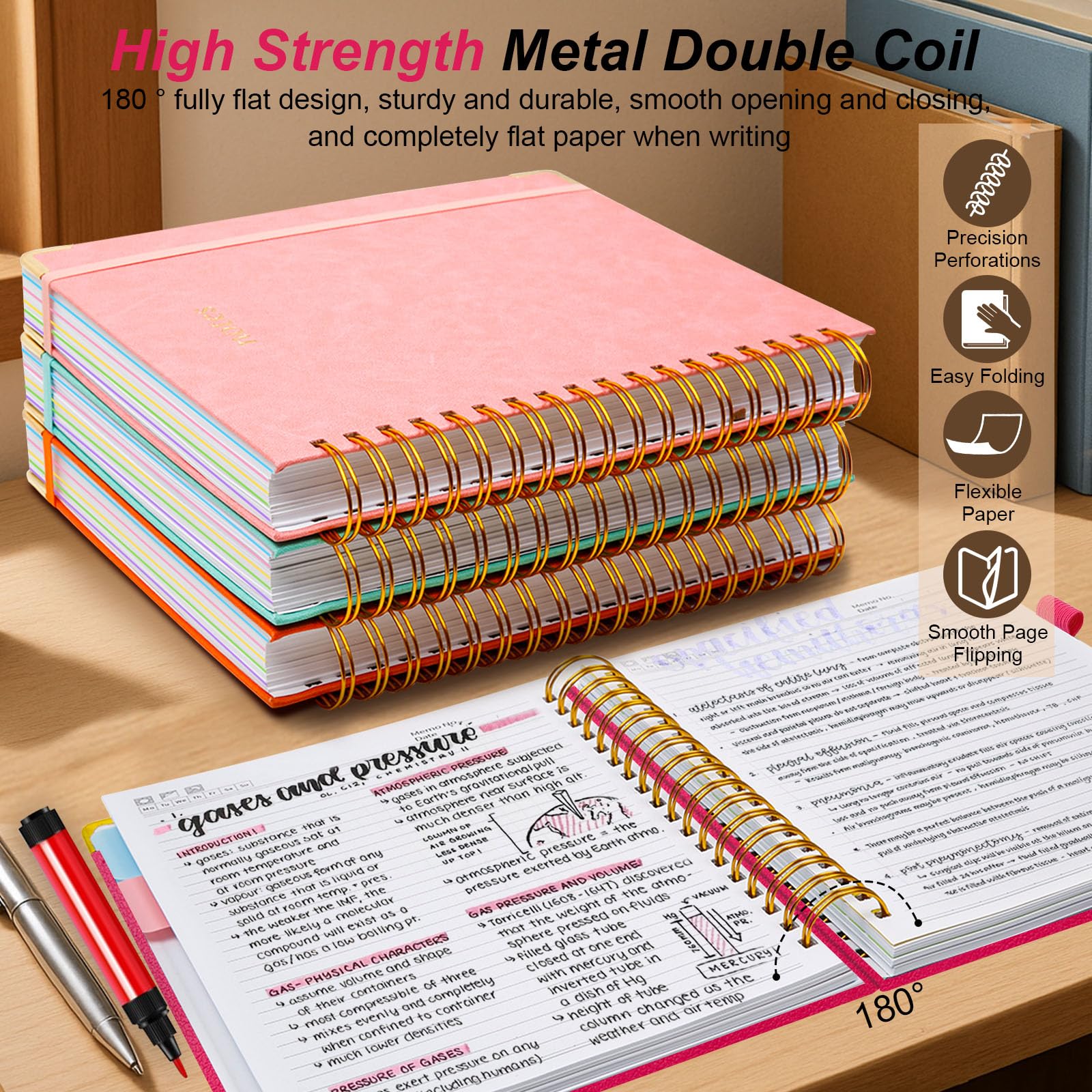 Cuaderno en espiral de tapa dura de 6.2 x 8.2 pulgadas, con pestañas y separadores extraíbles, 300 páginas, cuaderno de 5 asignaturas, cuaderno de rayas universitarias, cuaderno de piel sintética con