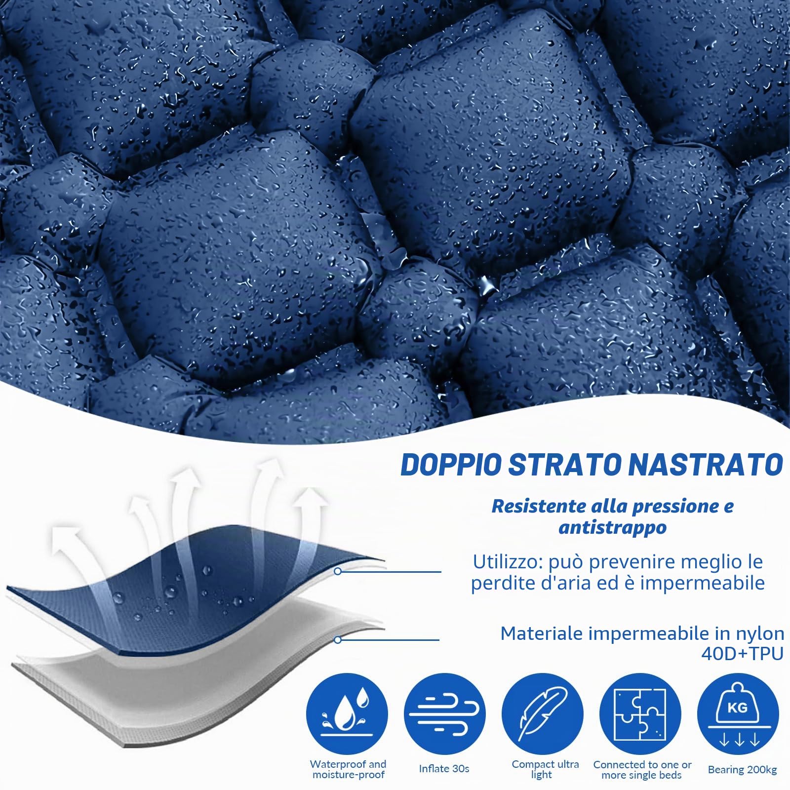 Materasso autogonfiabile da campeggio, materasso gonfiabile con pompa a pedale, materasso gonfiabile singolo con cuscino per campeggio, esterno, spiaggia, escursionismo, materasso