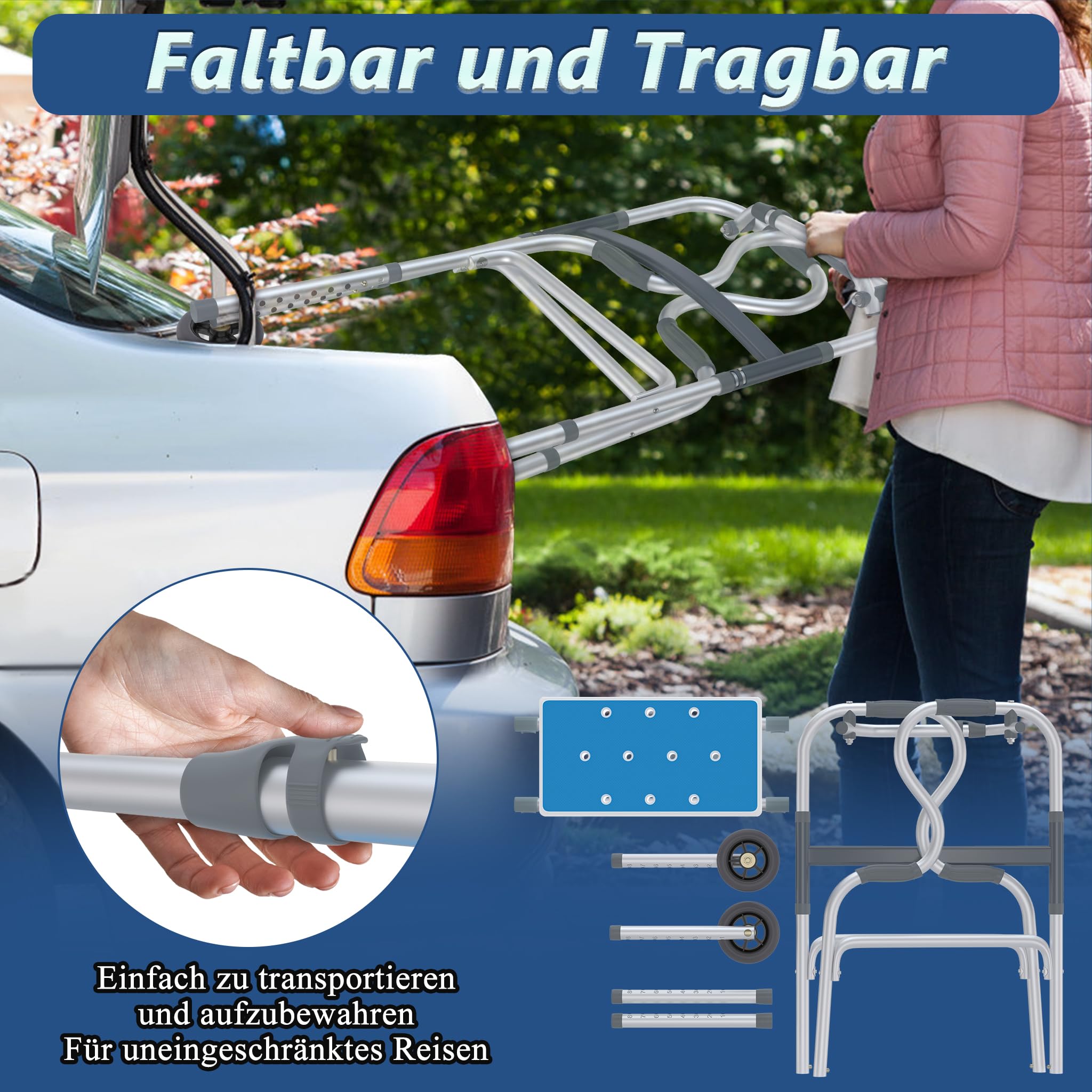 Aufun Pomoc w chodzeniu dla seniorów, lekki aluminiowy chodnik, wózek z regulacją wysokości, z 2 kółkami skrętnymi i ergonomicznymi uchwytami, antypoślizgowa stabilność, wąski rollator do mieszkania