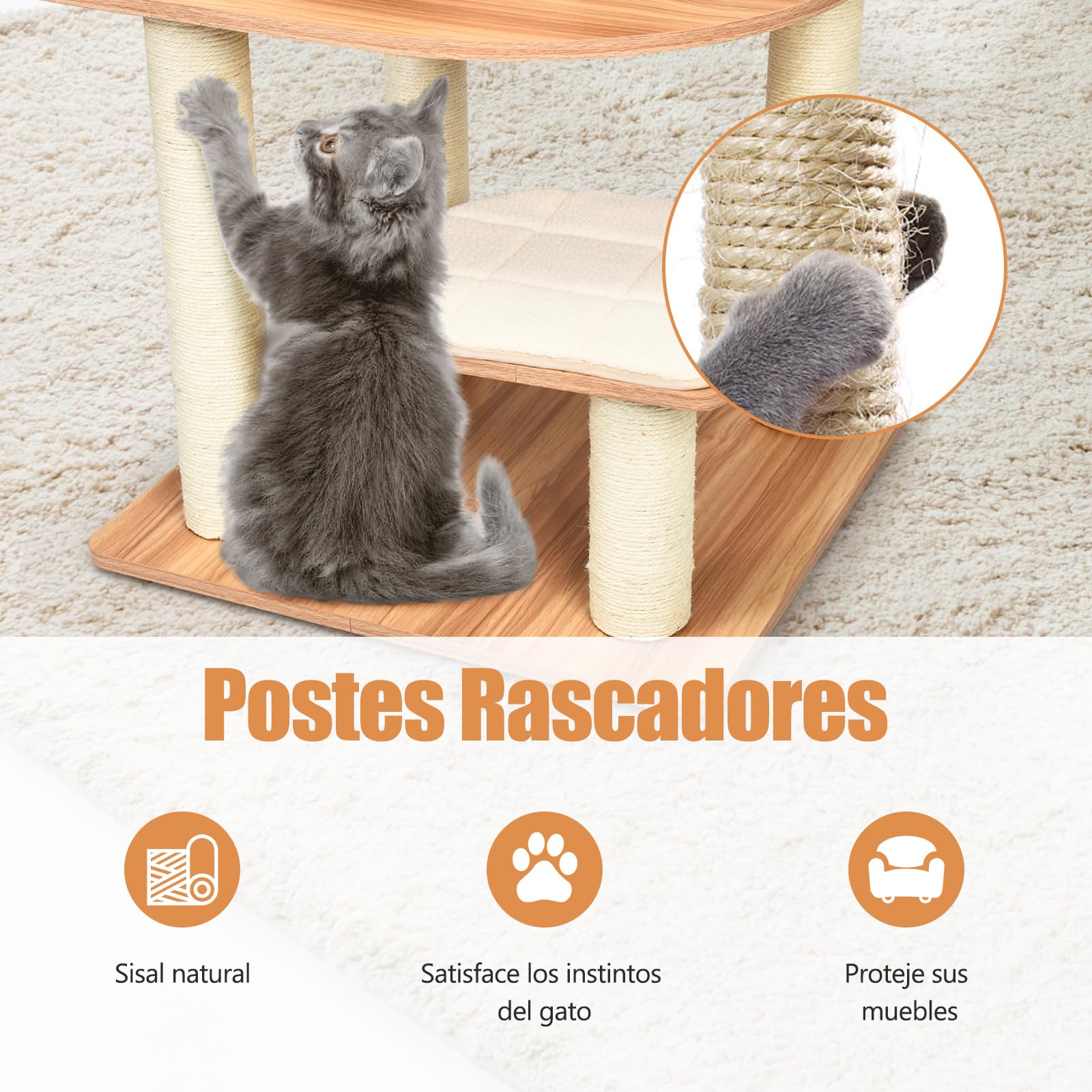 GOPLUS Árbol para Gatos de Madera de XXL 175 CM, Torre para Gatos de 6 Niveles con Poste Rascador de Sisal, Diseño Antivuelco, Cojines Cómodos, 59×49×140CM
