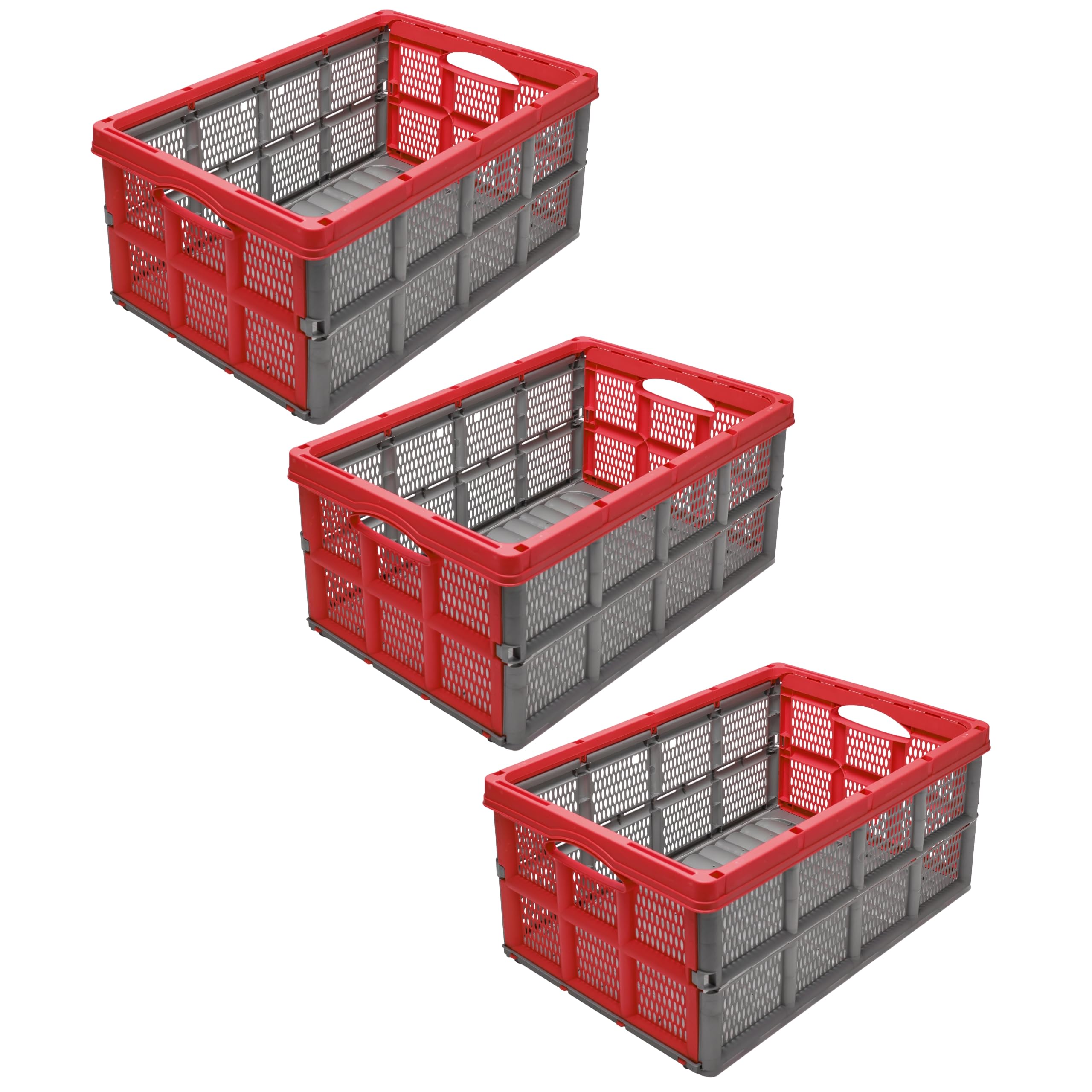 Garronda 3 Pack faltbare Klappbox 51 x 34,5 x 22,5 cm aus Kunststoff HDPE klappbare Aufbewahrungsbox für Transport Lagerung und Ernte im Auto Garten und Haushalt stapelbar GD-0188 (Grau/Rot)