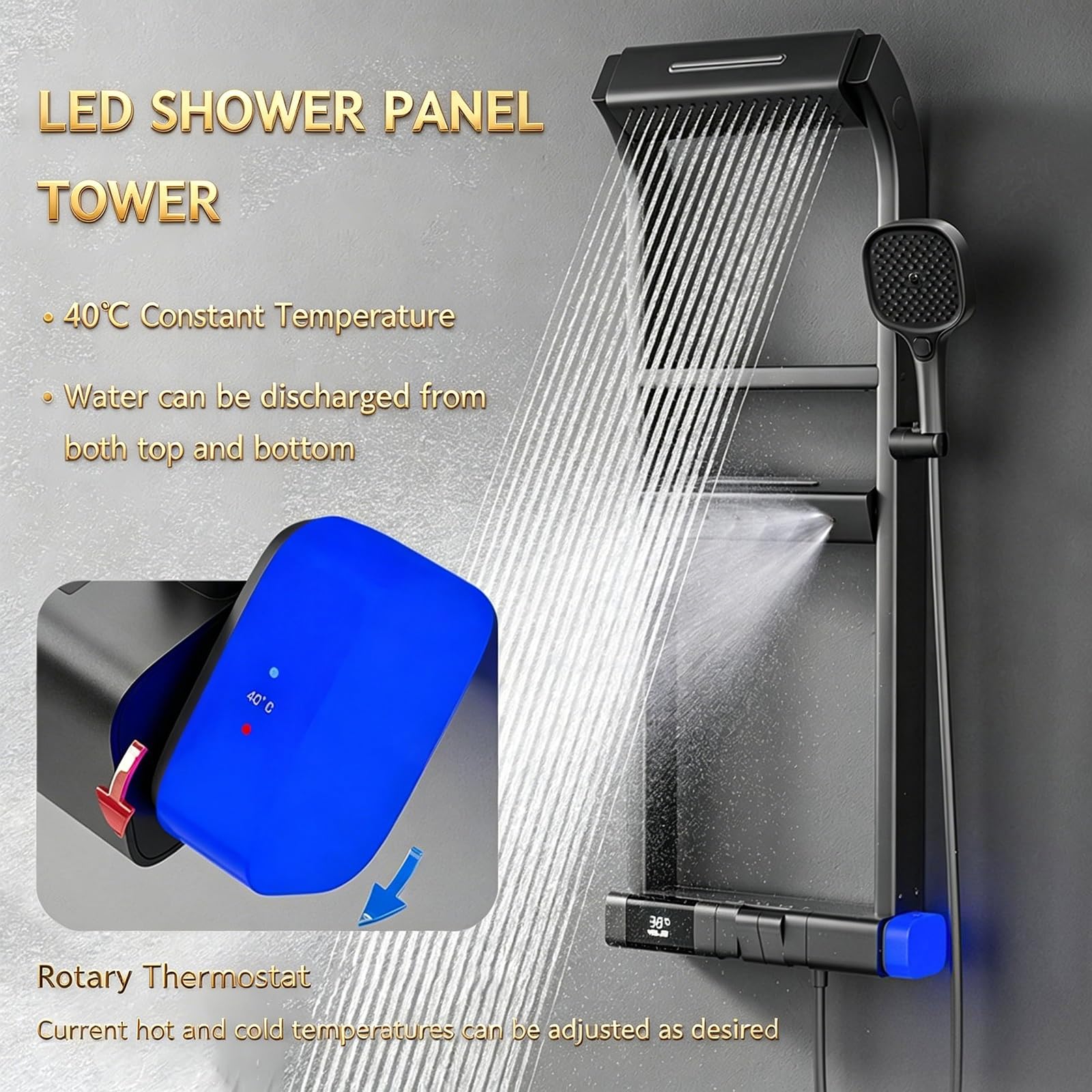 Sistema de ducha termostático, pantalla digital LED, modo de lluvia y mano de 6 pulverizaciones, construcción de cobre de alta gama para una experiencia de baño lujosa