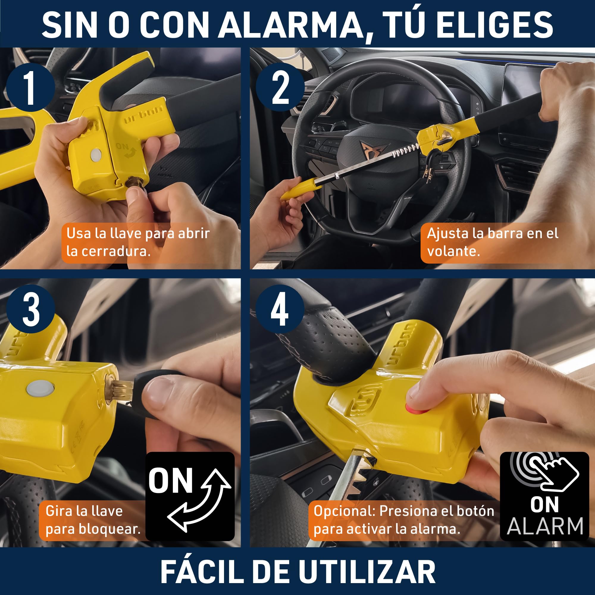 URBAN UR978Y Antirrobo Coche Doble Seguridad, Barra Volante Sin/Con Alarma Hi-Tech 120dB+LED Más Seguro y Visible, Bloqueo Automático, Patentado, Cepo Coche Universal Auto SUV Camper Autocaravana