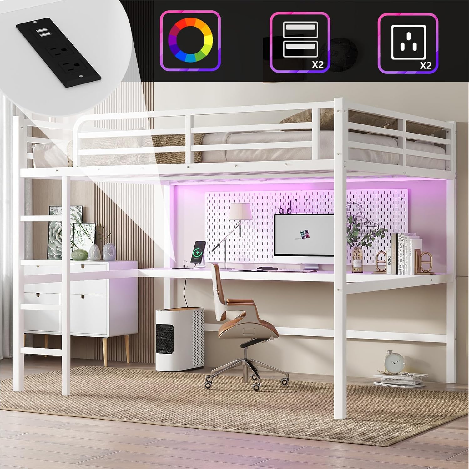 Metal Loft Bed Frame with Desk, Power Outlet & USB Charging, LED Lights, Noise-Free Sturdy High Loft Dorm Bed with Guardrails & Ladder, Space-Saving Design -Queen, White