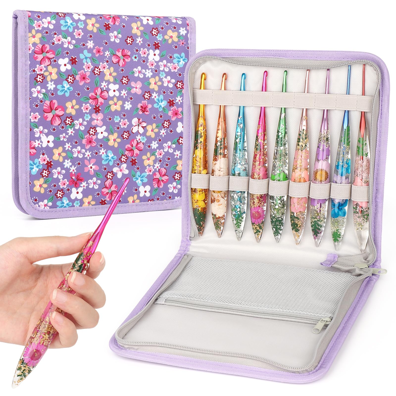 Reessy Crochet Hooks Set, 9Pcs Crochet Hook with Floral Resin Handle, 2.0-6.0mm Ergonomic Crochet Needles Set with Pretty Crochet Hook Case for Beginners Adults, Ideal Crochet Lovers Gift