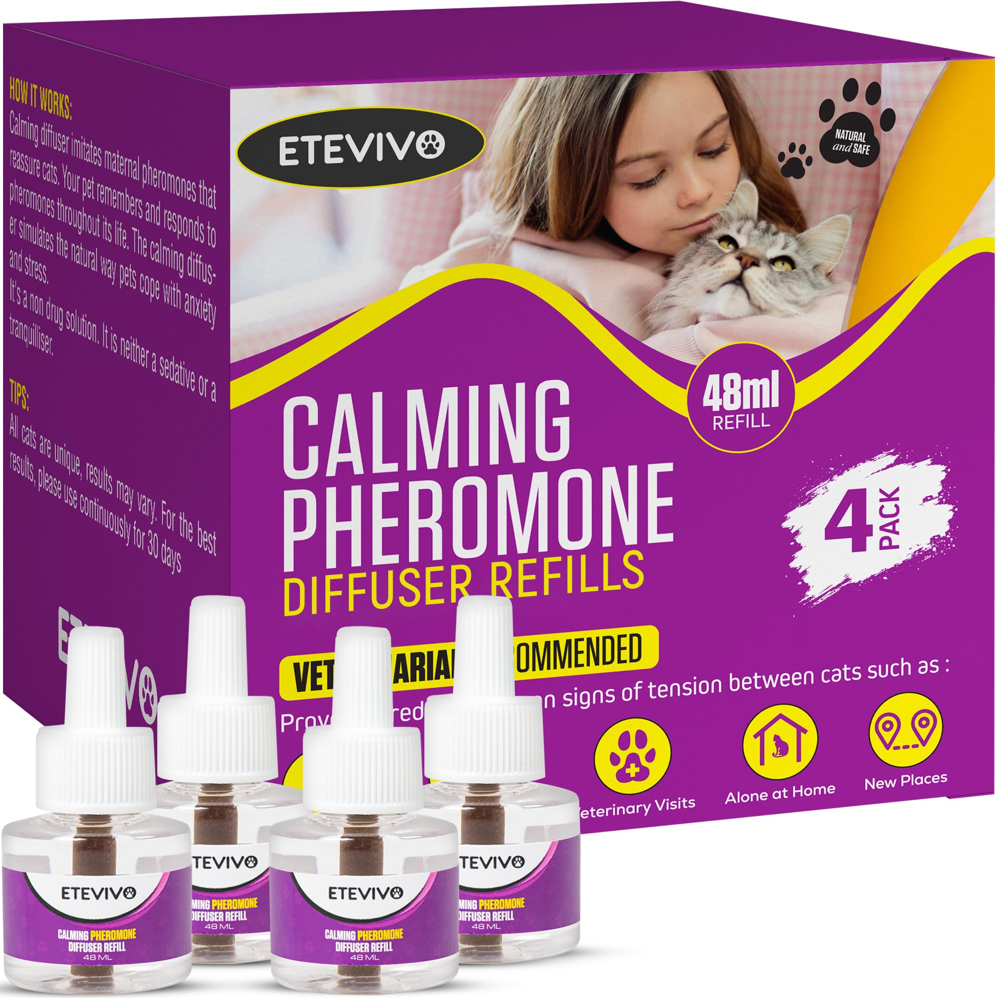 Cat Calming Pheromone Diffuser 4 Pack Cat Calming Diffuser Refills Anxiety Relief Comfort for Cats Reduce Fighting Spraying and Scratching 120 Days Long Lasting Serenity