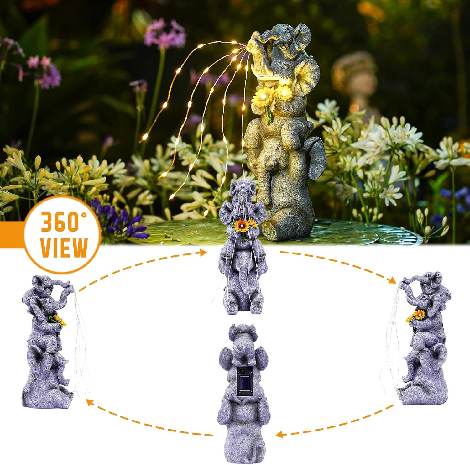 Pohabery Solar Garden Decor Elephant Statue Outdoor, Luck Triple Elephant Decorations for Yard Porch Lawn Patio - Ideal Gifts for Women Mom Grandma Senior Elder or Birthdays 12"