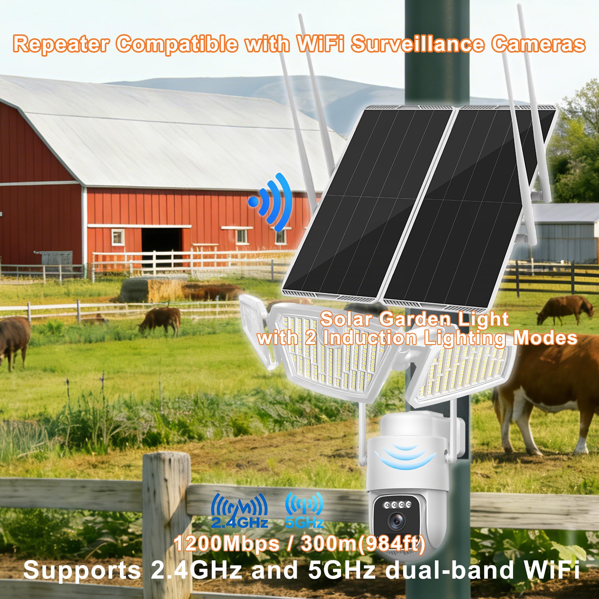 Panneau Solaire d'extérieur Double Bande 30W 5,8G/2,4G Répéteur WiFi Répéteur Amplificateur Répéteur Amplificateur Solaire Lampe de Jardin 300m de Couverture Batterie 30000mAh IP65 pour Cour