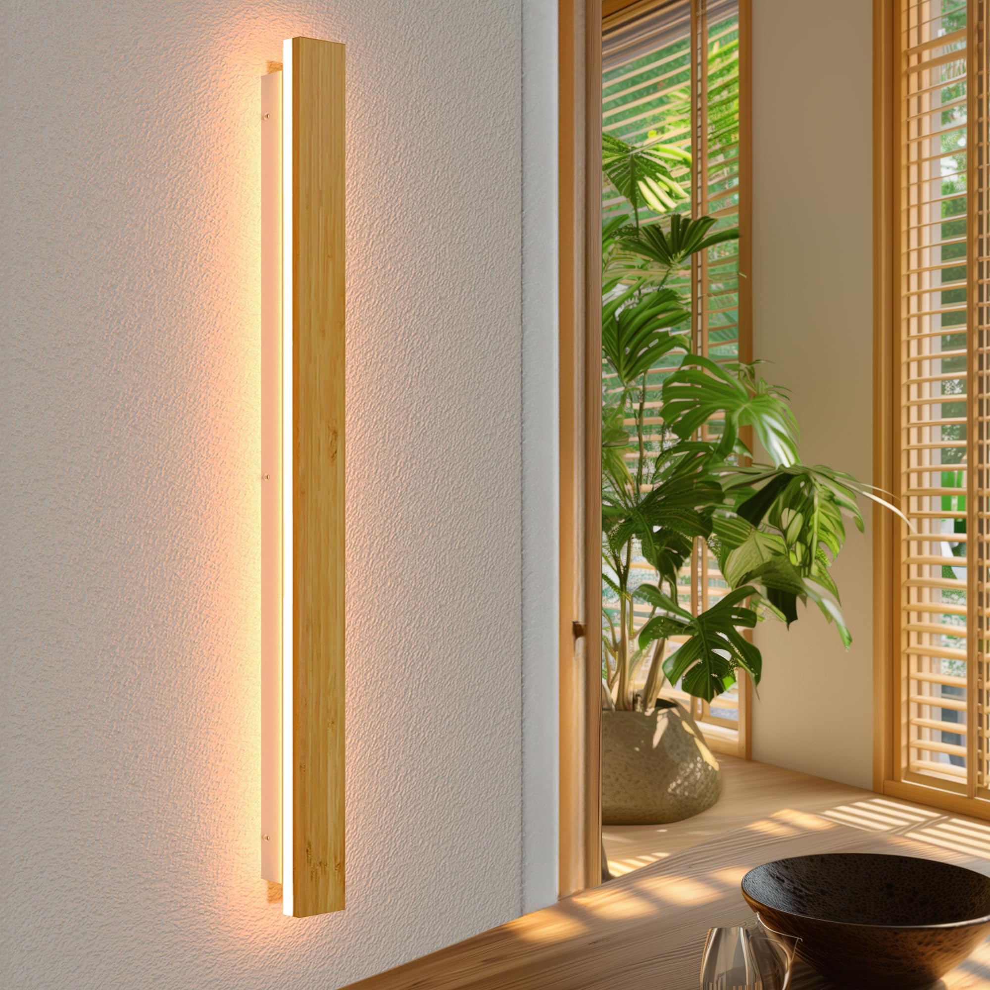 Lámpara de pared LED de madera para interiores Regulable con control remoto Aplique larga hecha de bambú Lámparas de 41W Iluminación de pared de madera para dormitorio,sala de estar,pasillo, 115cm