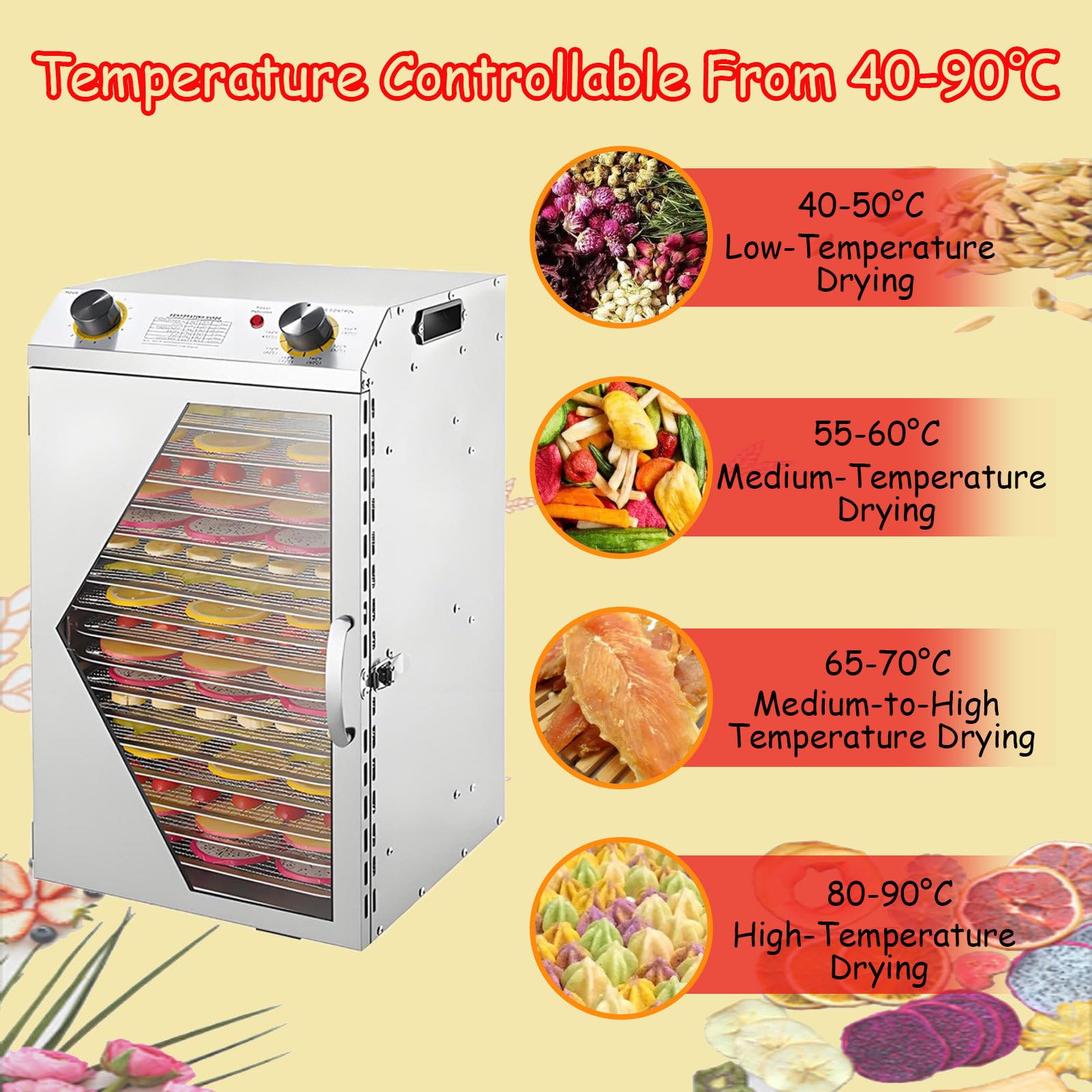 Deshidratador eléctrico comercial de alimentos – 18 bandejas de acero inoxidable, visualización LCD, secador de congelación para frutas, verduras, cecina y aperitivos, gran capacidad, secadora