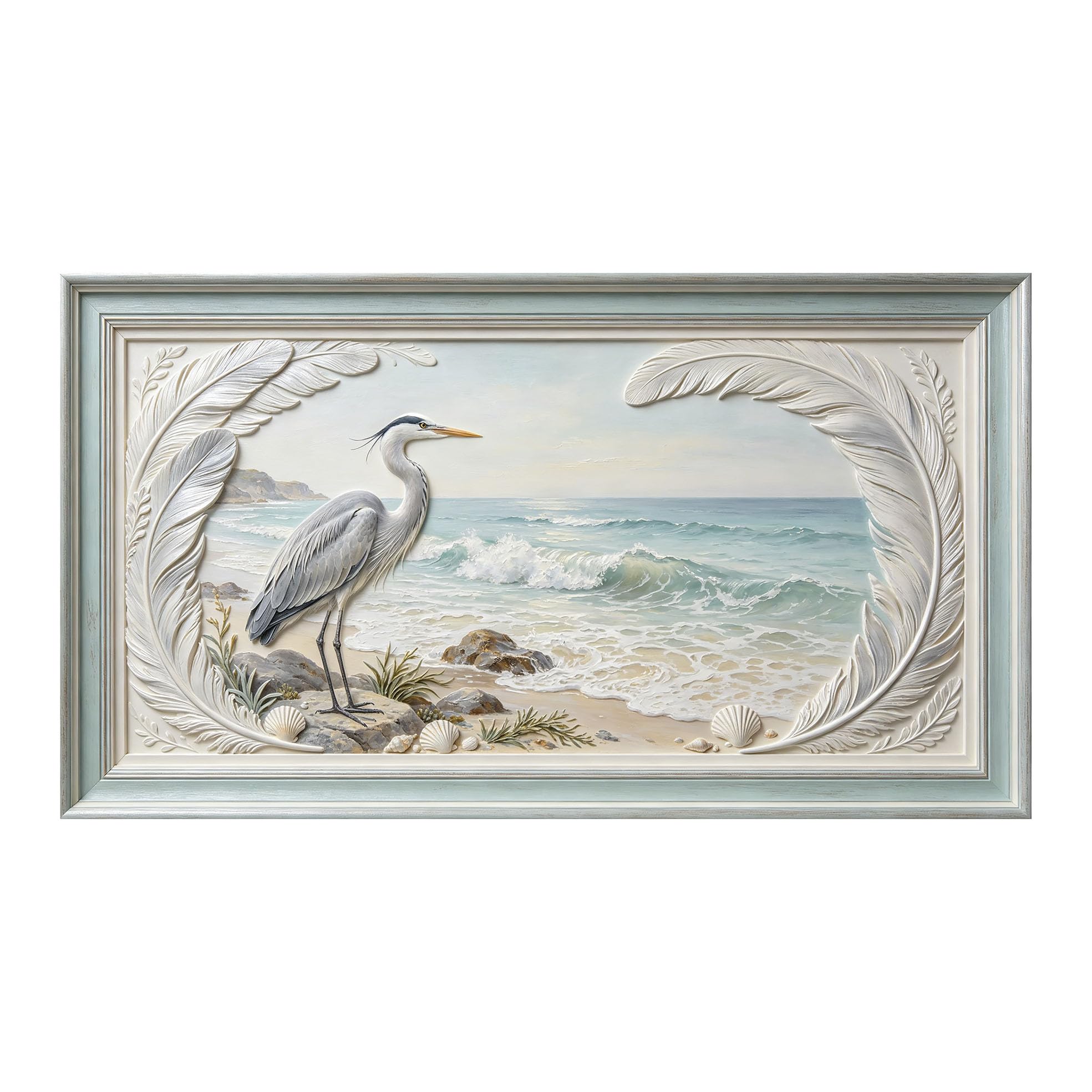 Murasolite 3D Framed Wall Art Coastal Seaside Heron Landscape Oil Painting SelfAdhesive Fabric Mural Wall Decor， Peel and Stick No Damage to Wall， AntiFall Safe Design for Bedroom Living Room