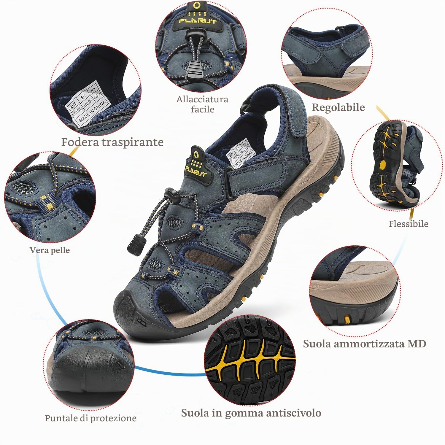 FLARUT Sandali Estivi Uomo Esterni PelleTraspirante Sandali Sportivi Scarpe da Trekking Passeggiata Fisherman Casual Sneakers Antiscivolo(Blu,44)