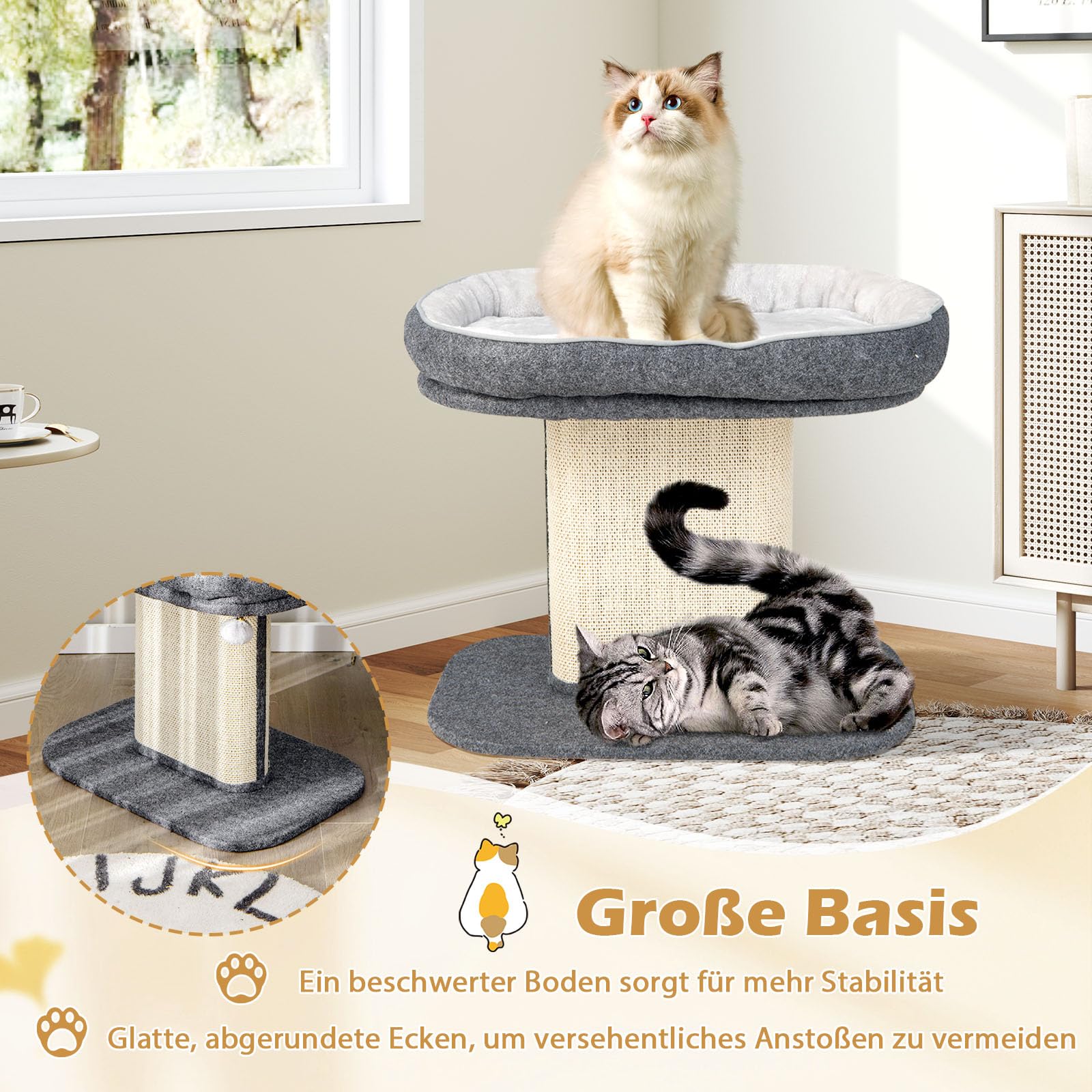 GYMAX Kratzbaum 50 cm hoch, Kletterbaum mit weicher Plüschsitzfläche, Katzenbaum mit Sisal-Kratzsäule & Ball, Katzenkratzbaum aus Holz, Aktivitätsbaum, kleine Katzenmöbel, Spielbaum (Grau)