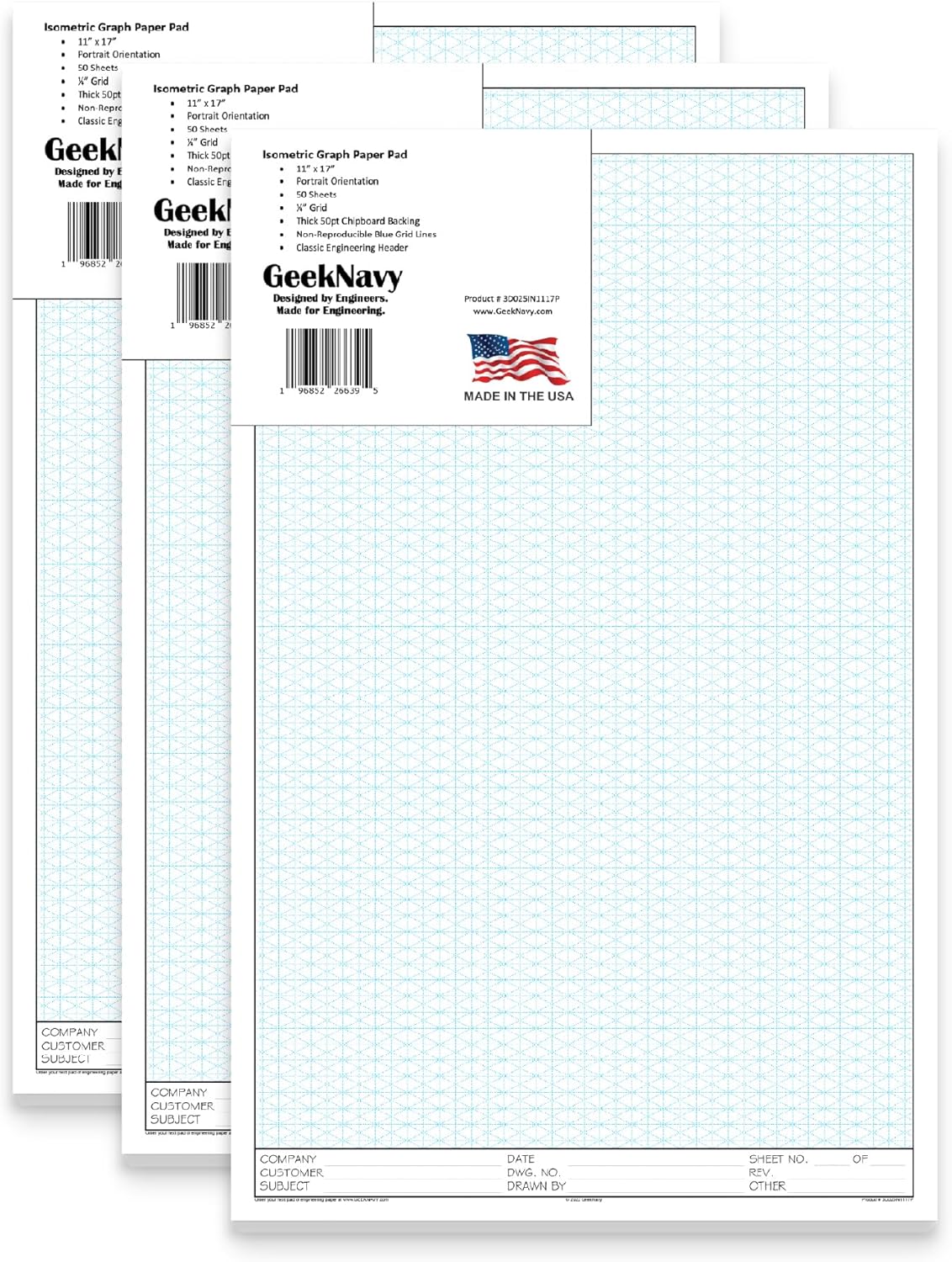 GeekNavy 11" x 17" Isometric Graph Paper 50 Sheets Portrait - 0.25" Grid, Non-photo Blue, High Brightness, Drafting, Engineering, Art, 3D Design (3-Pack)