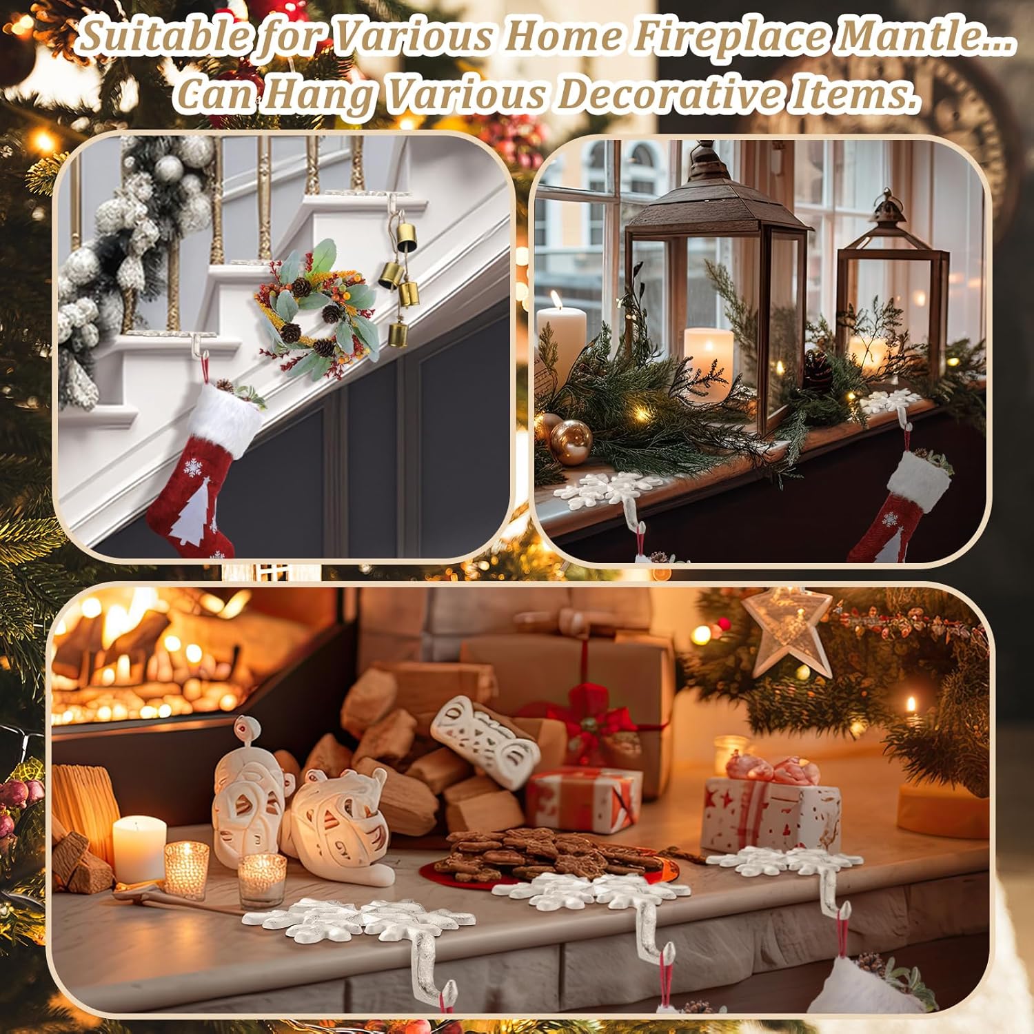 4 Pcs Christmas Stocking Holders Iron Mantel Weighted Hangers with Protective Pad Heavy Duty Xmas Hooks for Mantle Wrought Iron Stocking Holder for Fireplace Home Shelf(Snowflakes)