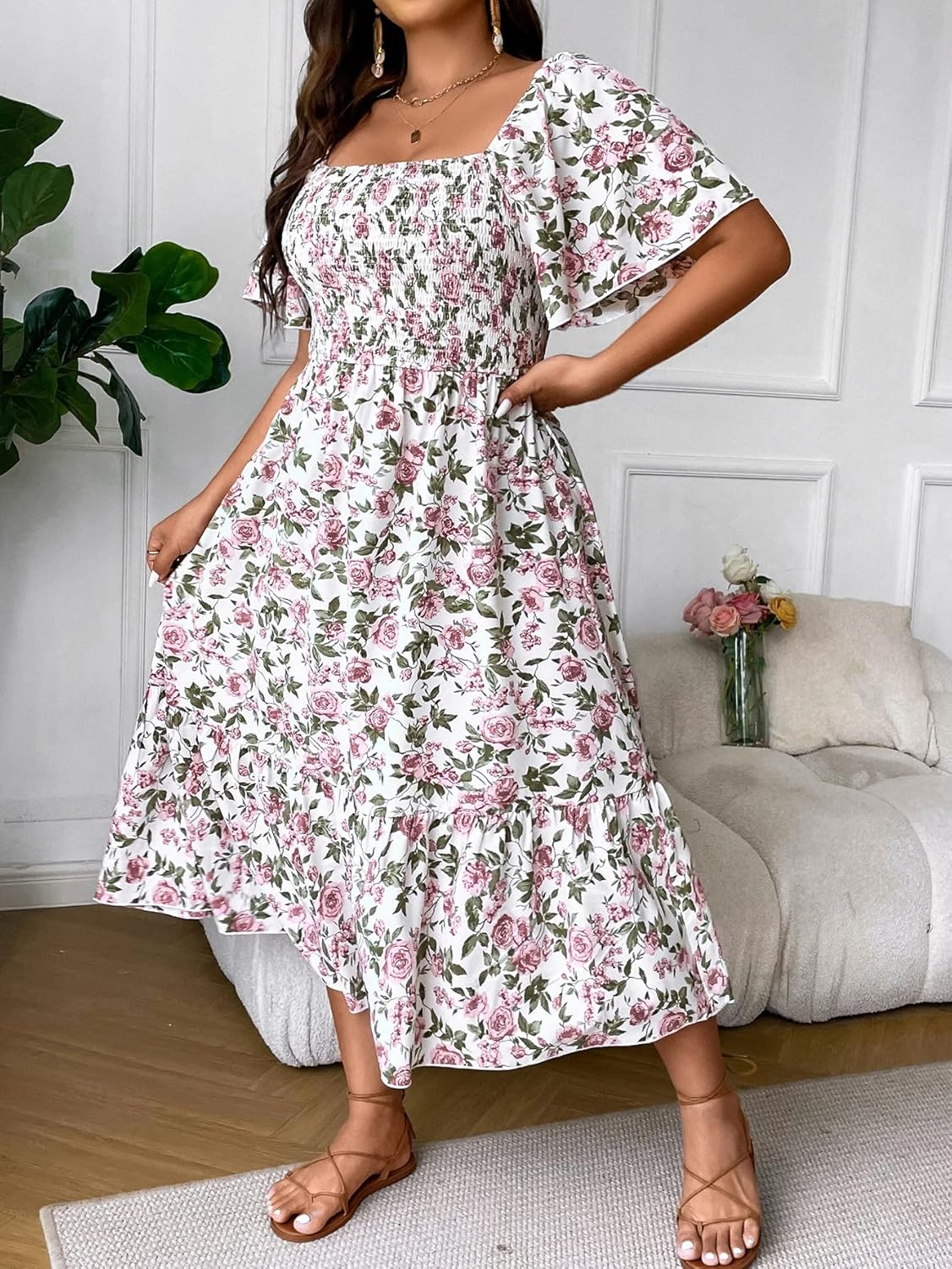 Floerns Women's Plus Size Floral Print Tie Front Square Neck Slit Hem Midi Dress - Image 5