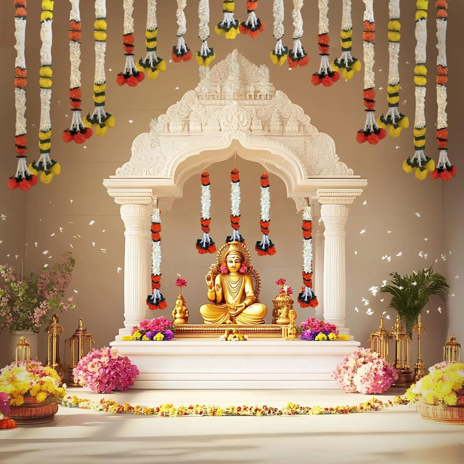 LOVENSPIRE Artificial Jasmine Marigold Garland for Festive Decorations - Indian Flowers for Wedding, Diwali, Day of the Dead, Outdoor Wall Hanging & Indoor Home Décor 5Feet / 2Strings
