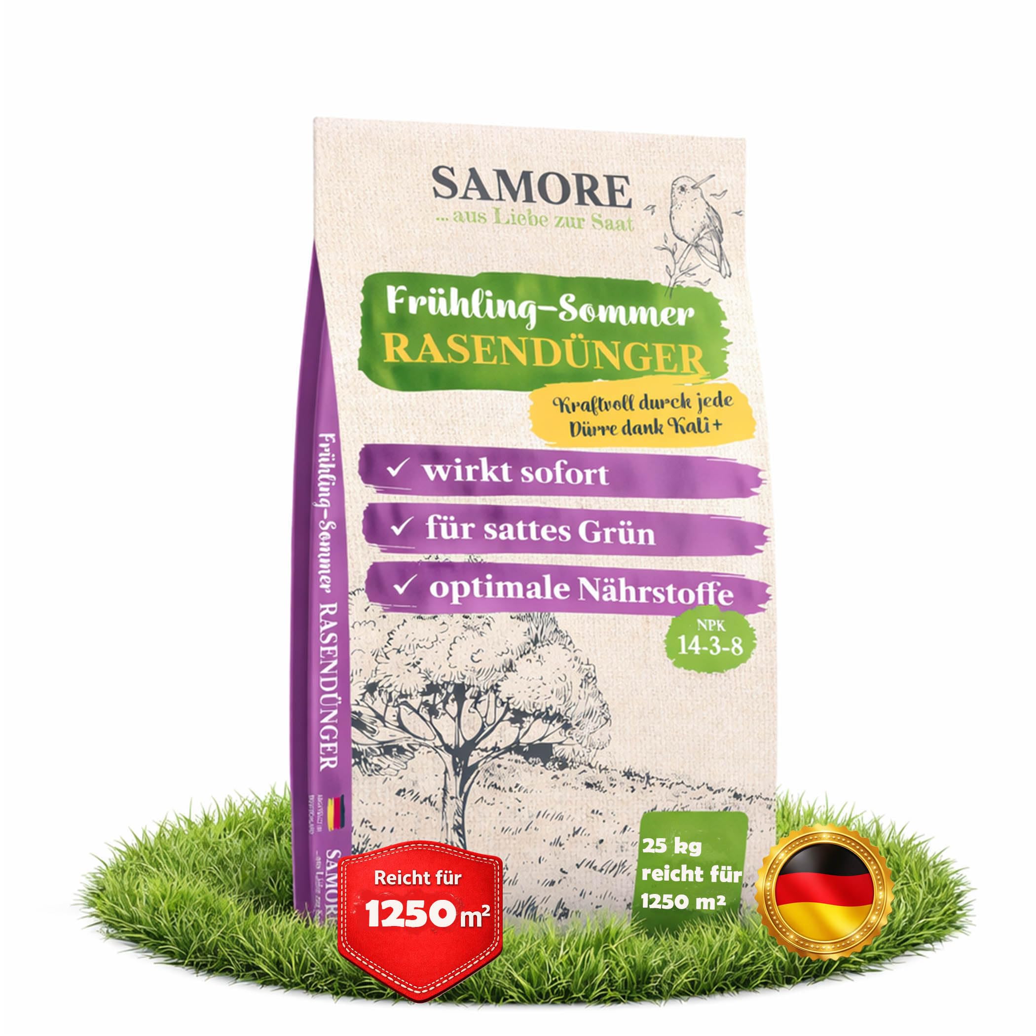 samore Rasendünger Frühjahr/Sommer I NPK Dünger für einen gesunden Rasen I verdrängt Moos geeignet für Streuwagen 25 kg für 1250 m² I staubarmes Granulat Dünger I gegen Trockenstress Frühling Sommer