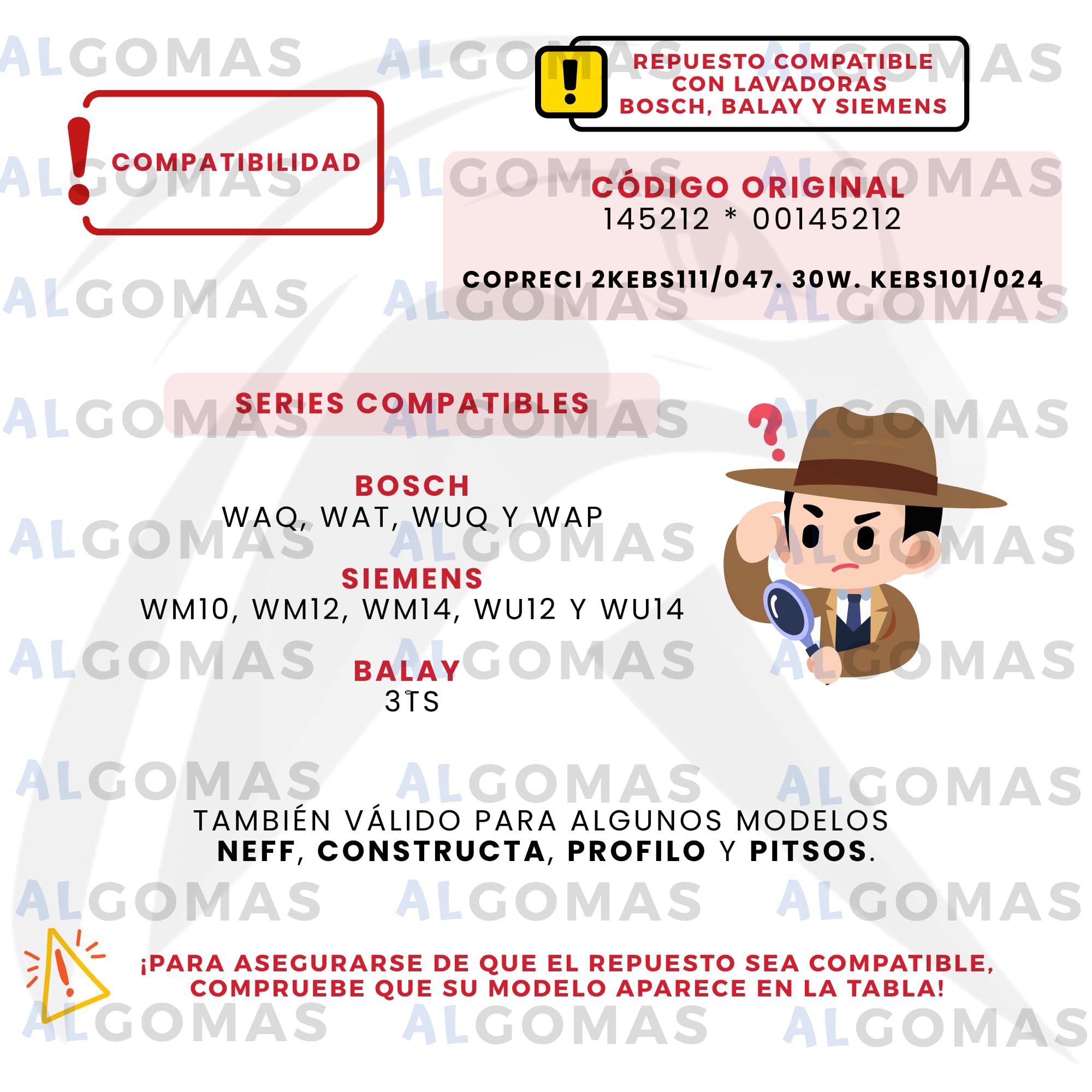 ALGOMAS® Bomba Desagüe Lavadora Copreci 2KEBS111/047. 30W. KEBS101/024 | 145212 00145212 | Repuesto Compatible con Bosch Balay Siemens | Incluye Filtro