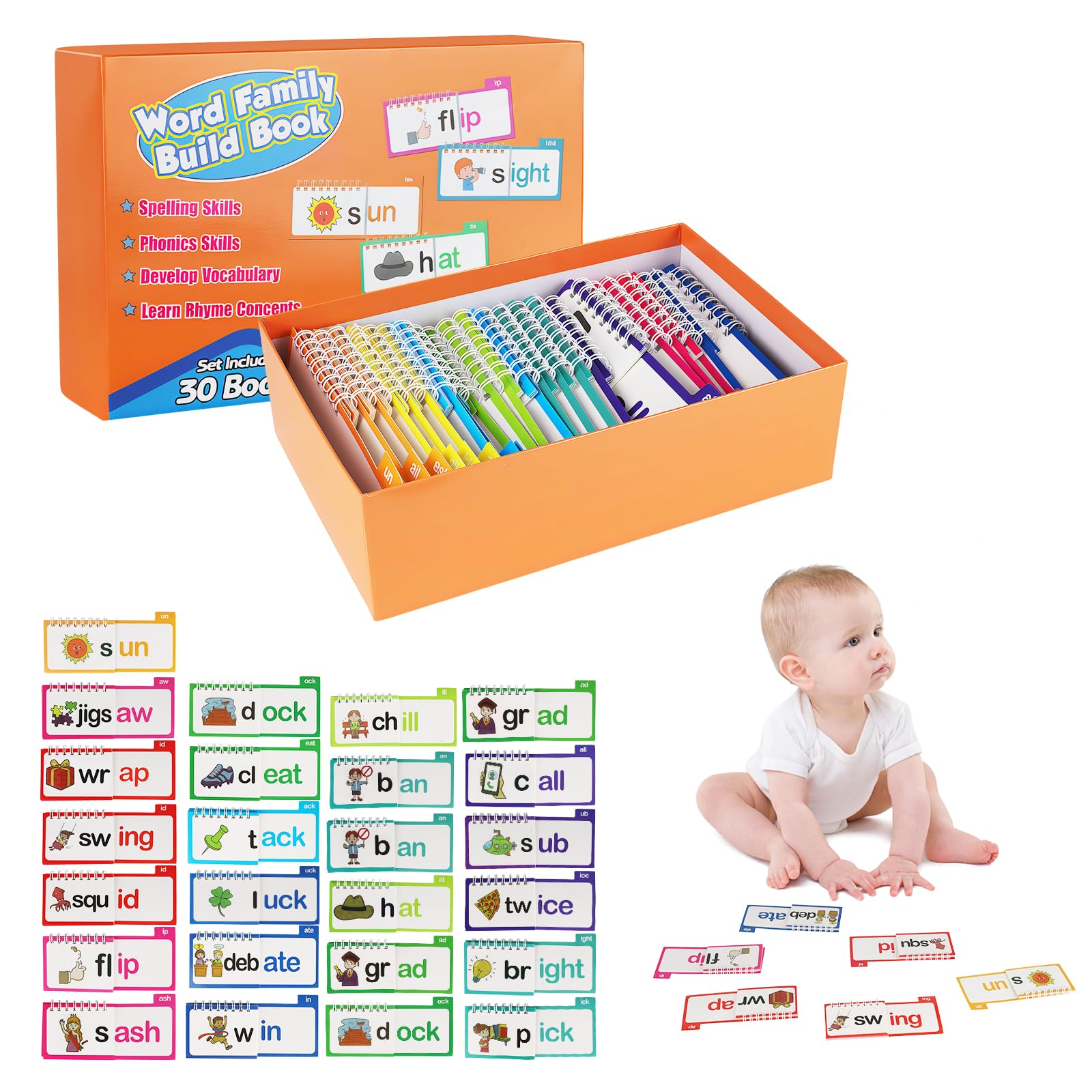 30 Read and Rhyme Flip Books - Sight Words Flash Cards, Teaching Reading Vocabulary's Phonics Games for Children, Word Family Vocabulary Flash Cards for Memorizing Recognizing
