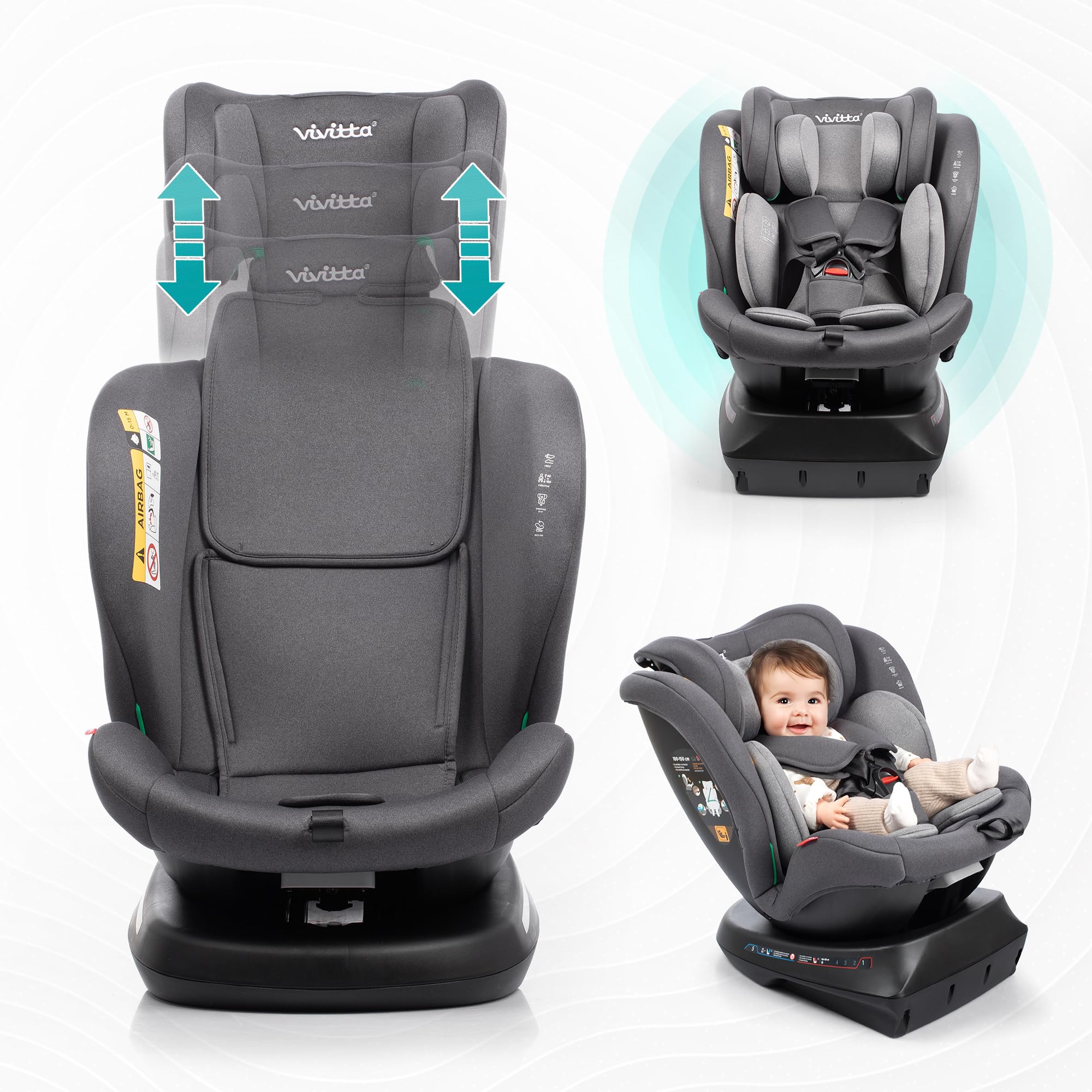 Silla de coche sin isofix SANNA 40-150cm – Edad: desde el nacimiento hasta los 12 años –I-size – Acontramarcha hasta los 105 cm, 4 años aprox - Sin Isofix (GRIS CENIZA)