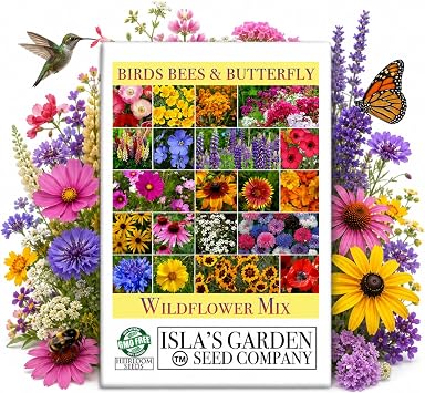 Birds, Bees & Butterflies Wildflower Mix Seeds 500+ Non GMO Heirloom Seeds by Islas Garden Seeds, Colorful Pollinator Blooms for Garden Beds, Borders & Meadows, Perfect Home Gardening Gift Idea