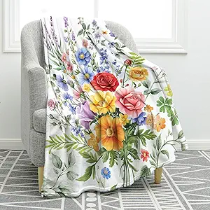Jekeno Colorful Flowers Floral Blanket Birthday Christmas for Women Kids Girls Mom Wife Bedroom Spring Red Blue Yellow Flowers Green Leaves Decor Mother's Day Throw Blanket 50"x60"