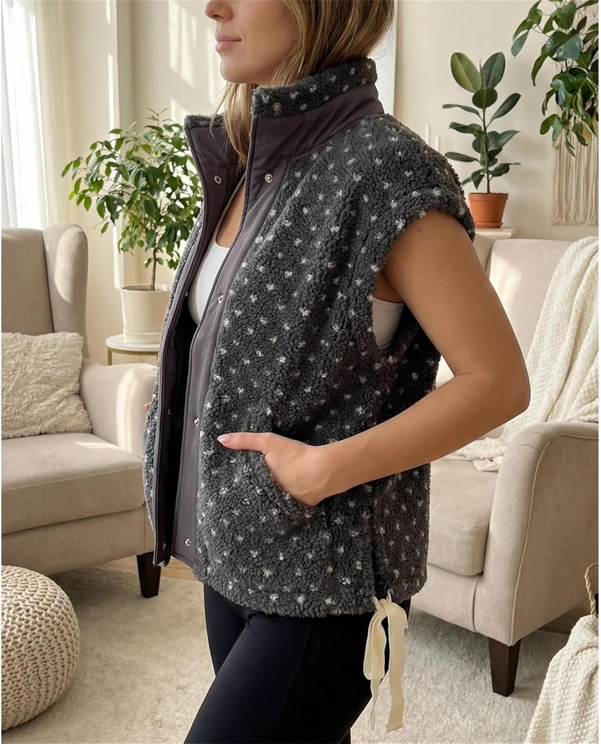 SeeLuNa Slouchy Sherpa Vest for Women Mock Neck Cap Sleeve Polka Dot Fuzzy Fleece Vests Loose Button Down Gilet Outerwear