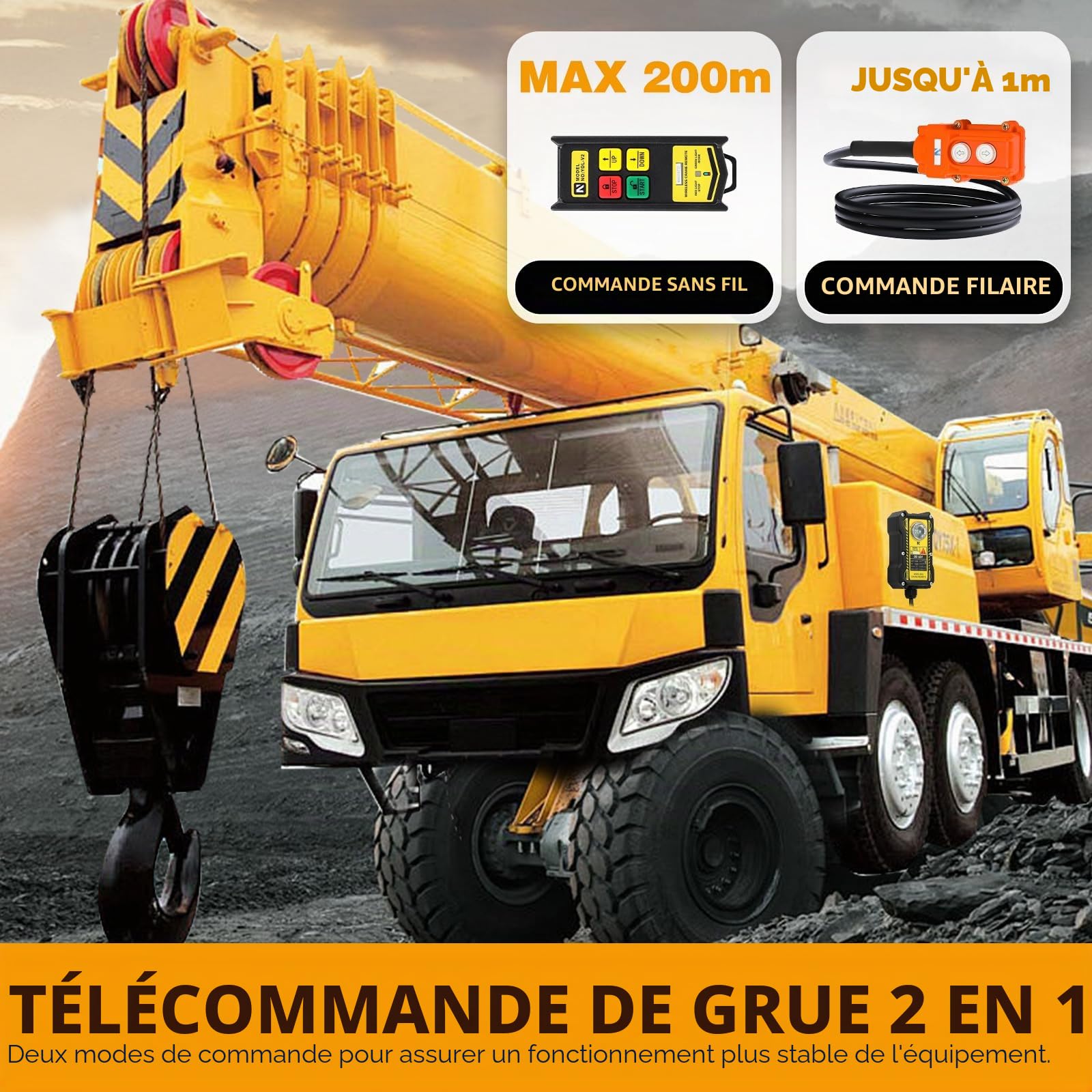 NEWTRY Télécommande de grue 12V 2-EN-1 Commande filaire et sans fil, portée de commande radio 200M, 4 boutons de commande radio pour équipement de levage industriel, camion, grue, interrupteur