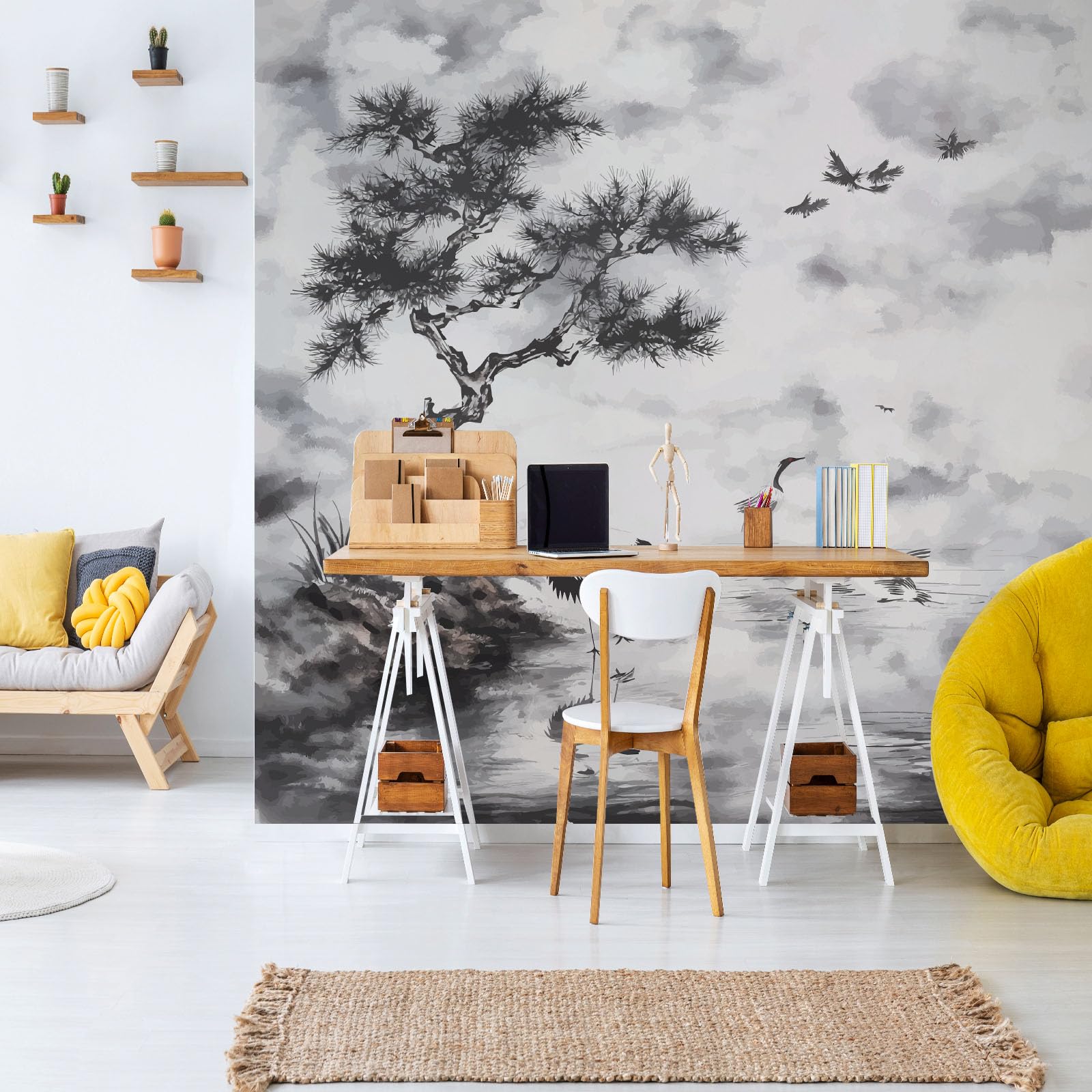 Générique Papier Peint Panoramique Paysage Peint en Gris Toison Mur 400x280cm(L x H) Moderne Papier Peint Intissé pour Chambre Salon Bureau Personnalisé Décoration Murale Paysage à L'Encre