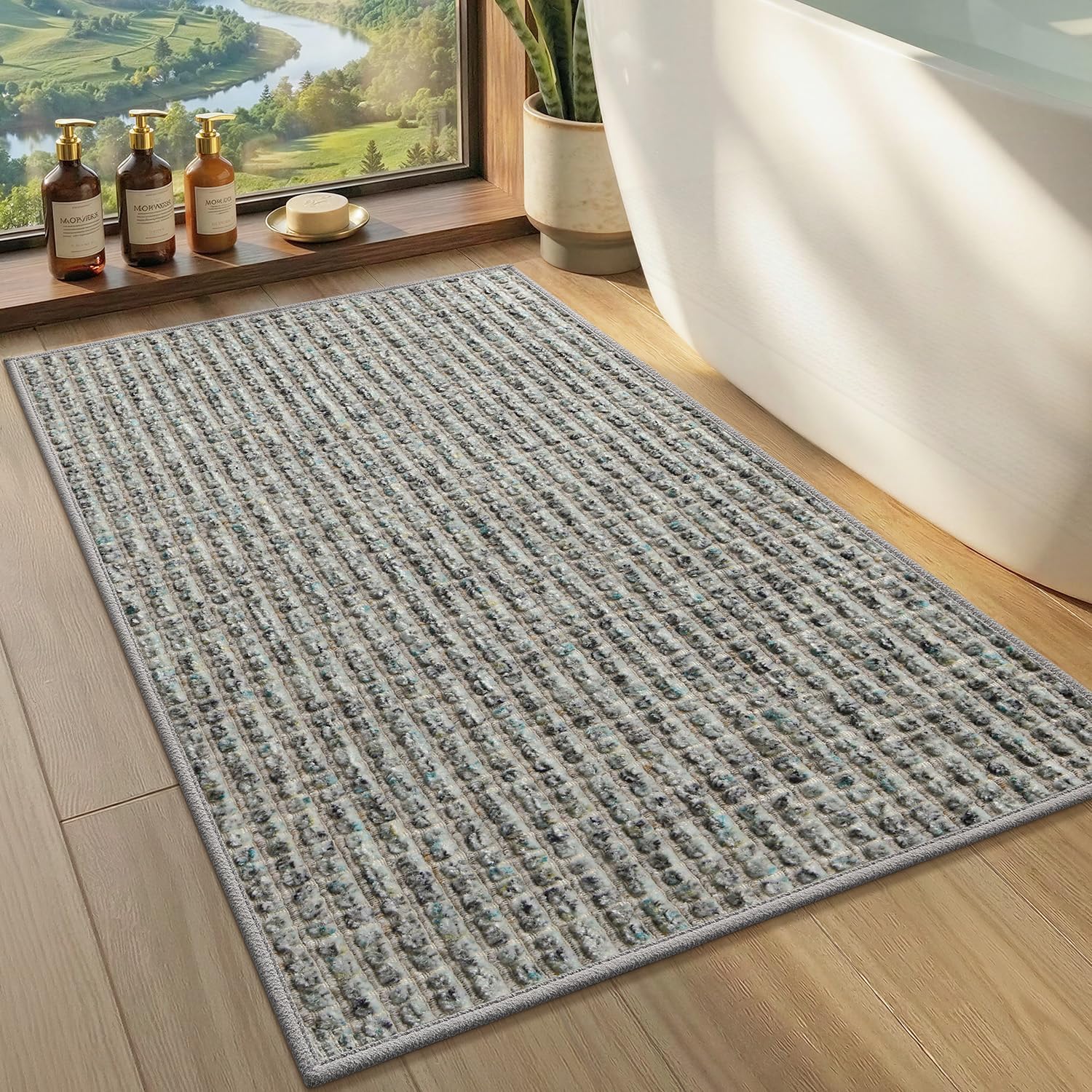 Color&Geometry Ultra Thin Low Profile Bath Mat, Non Slip Rubber Backing Bathroom Rug Fits Under Door, Absorbent Quick Dry Shower Mat for Bathtub Shower Floor, Light Green 24"x36"