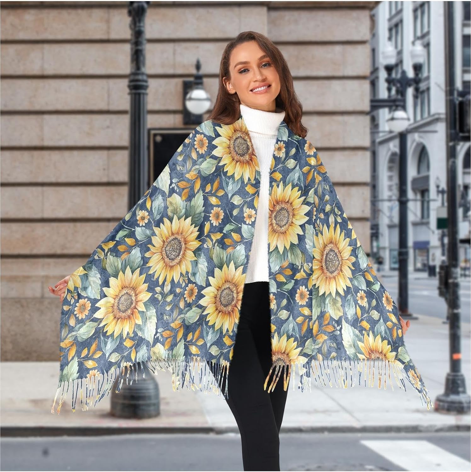 Winter Scarf for Women Sunflower Watercolor Blue Fashion Tassel Shawl Wraps for Women, Cold Weather Warm Womens Scarves Soft Long Scarf Gifts