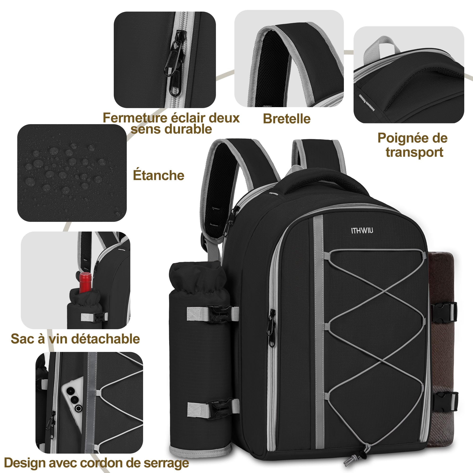 Sac à Dos de Pique-Nique pour 4 Personnes avec Compartiment Réfrigérants Isolés et Étanches, 30 Pièces Sac de Pique-Nique avec Ensemble et Couverture, pour Plage, Camping, Randonnée (Noir)