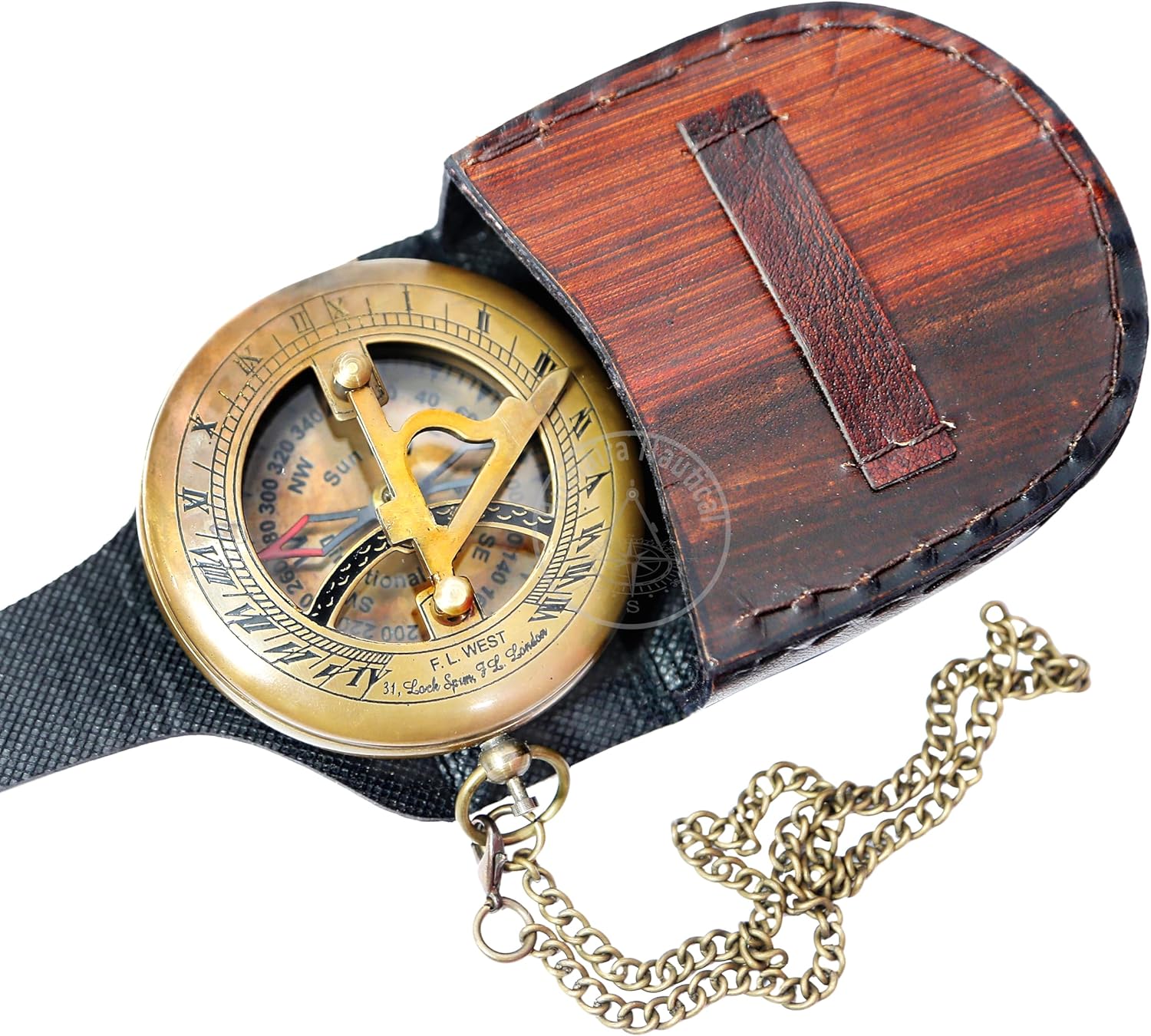Brass Sundial Compass with Leather Case and Chain - Push Open Compass - Steampunk Accessory - Antiquated Finish - Beautiful Handmade Gift -Sundial Clock