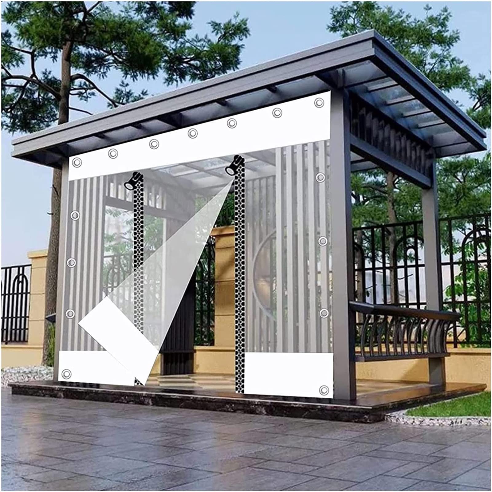 Outdoor Pergola Terrasse Veranda Pavillon Carport Wasserdicht Weiß Plane Vorhänge mit Reißverschluss Transparente Seitenteile für Privatsphäre und Schutz 5 x 1 m Größe