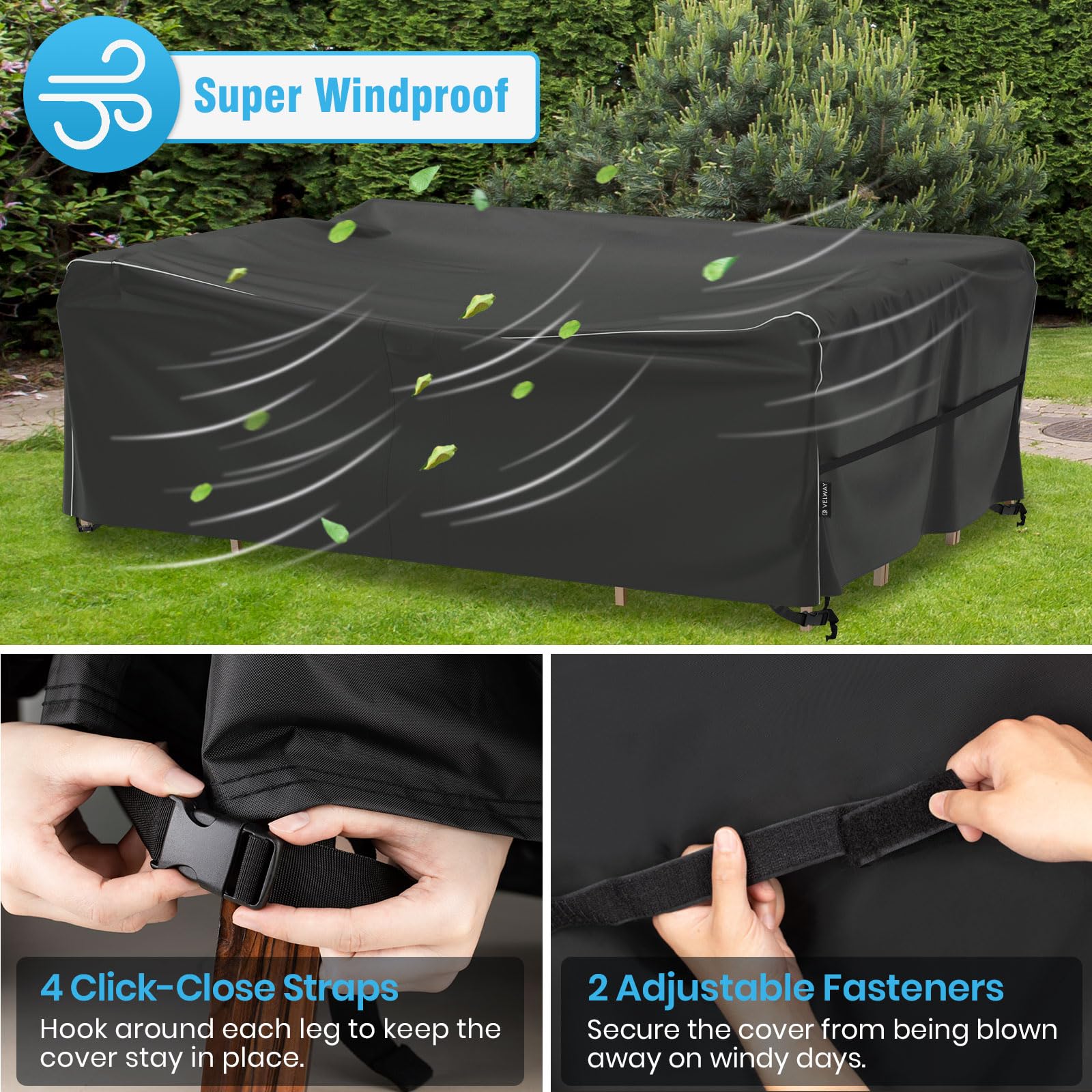 Velway Coperture per Mobili da Giardino Impermeabile: 270x180x71cm Copertura Tavolo Esterno Anti-UV Tessuto Oxford 600D con Strisce Riflettenti Antivento Telo Copri Divano Arredo Rettangolare - Nero
