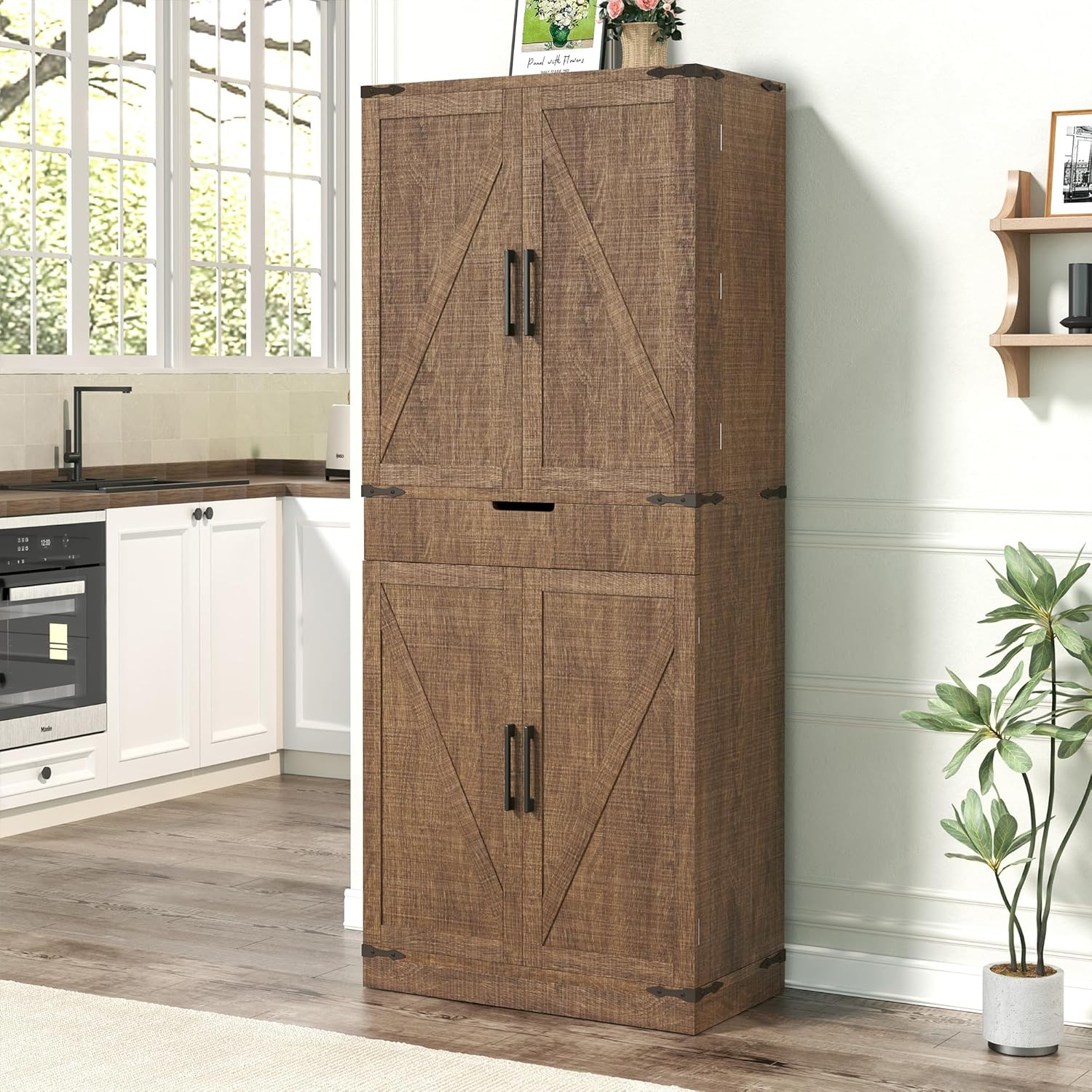 72" Kitchen Pantry Storage Cabinet with Doors and Shelves, Wood Farmhouse Pantry Storage with Barn Doors for Kitchen, Dining Room, Living Room, Dark Brown