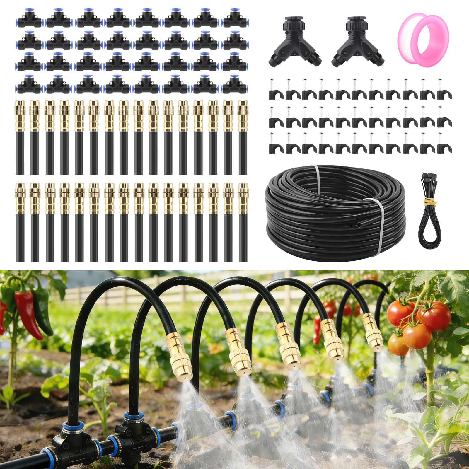 Kit di irrigazione automatica a goccia, sistema di irrigazione da giardino con spray pieghevole a 360°, ugelli atomizzanti regolabili in rame per cortile, prato, aiuola rialzata, serra, piante in vaso