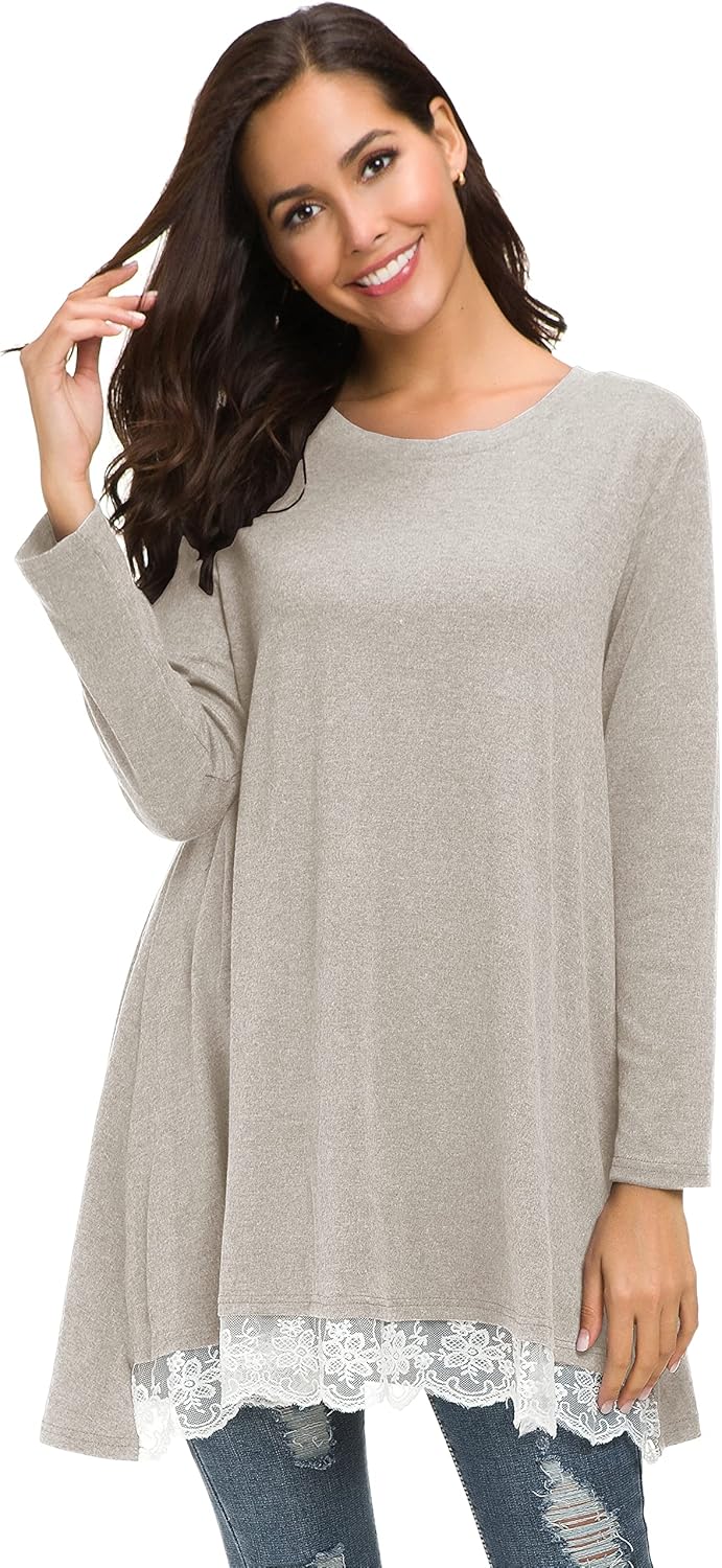Afibi Women Lace Long Sleeve A-line Swing T-Shirt Loose Tunic Top Blouse - Image 5