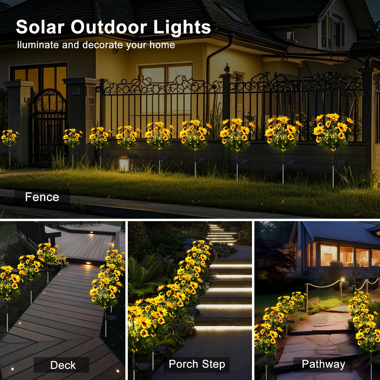 Aolyty Luci solari da giardino per esterni, con 24 girasoli, 2 modalità, impermeabilità IP65, luce a LED per vialetti, patio, cortile, paesaggio, decorazione