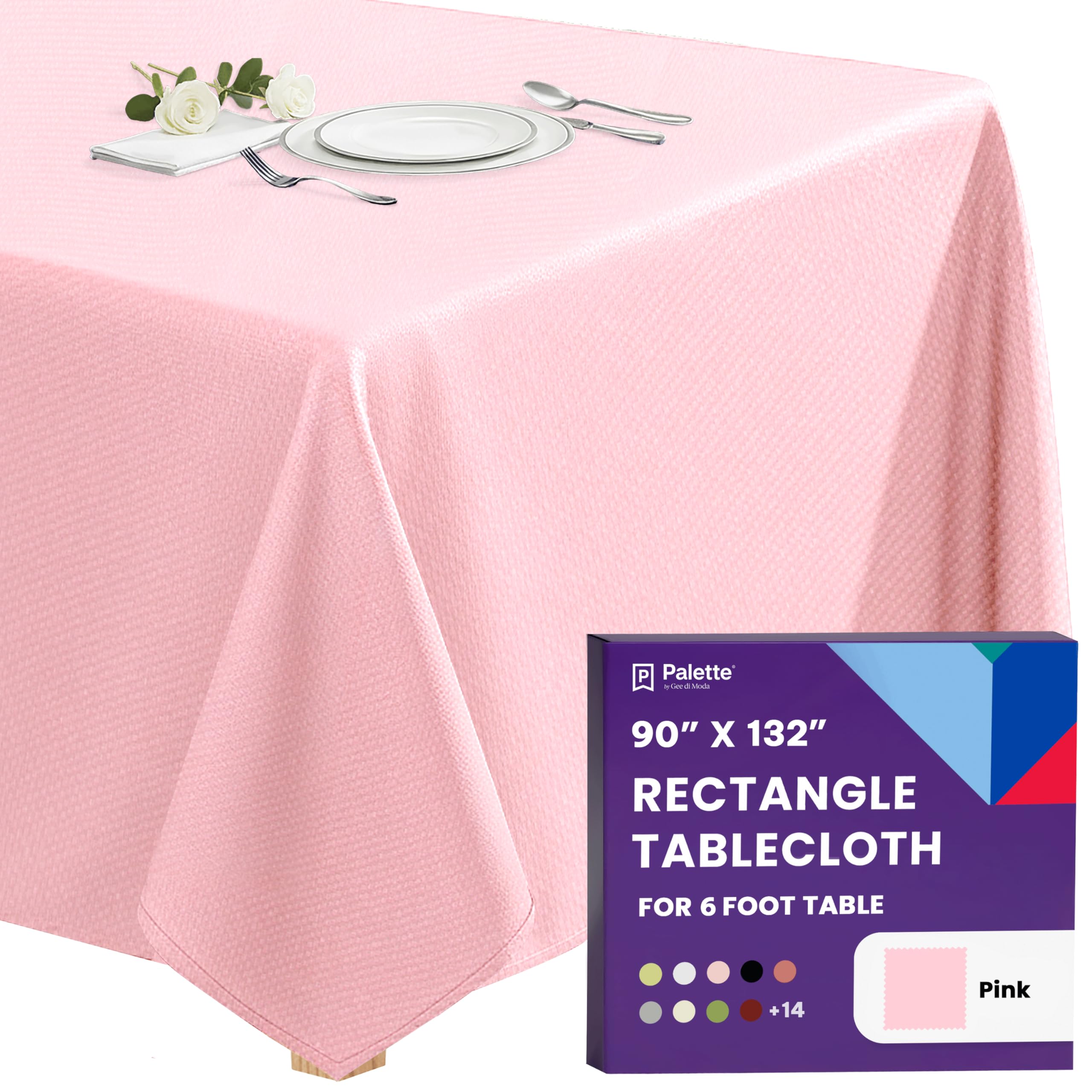 Gee Di Moda Rectangle Tablecloth - 90 x 132 Inch Pink Table Cloth for 6 Foot Tables with Floor-Length Drop - Heavy Duty Washable Fabric for Holiday Party, Dinner, Weddings &amp; Baby Shower