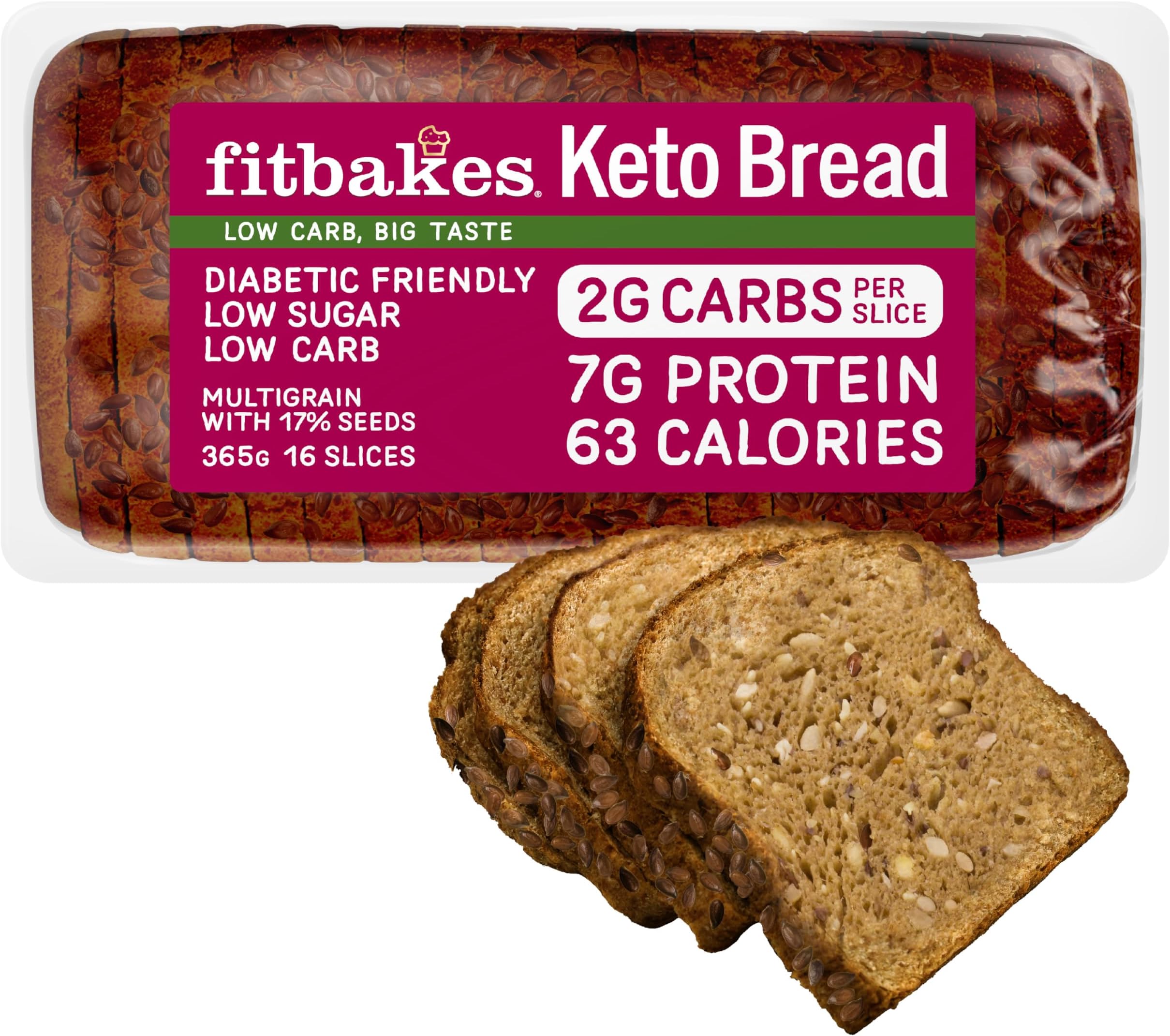 Keto Bread : 2g Carbs, 7g Protein, Low Carb Bread Loaf (16 slices) Multi Seeded, Diabetic Food, Keto Snacks, Protein Snacks Low Calorie Diet, 63 Calories, Fitbakes