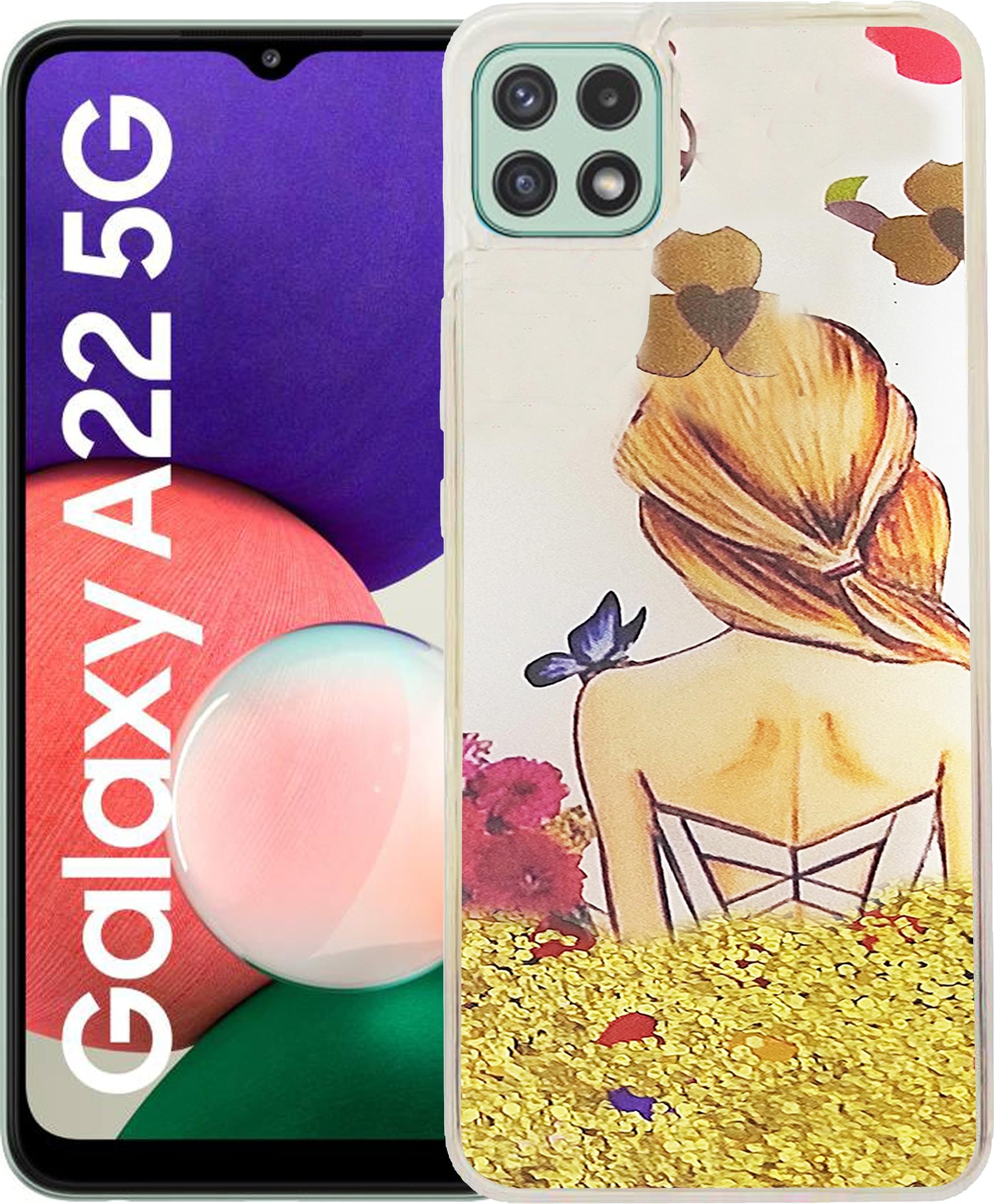 GBAKS Back Cover for Samsung A22 5G(Fully Glitter and Liquid with Printed Cute Girl in The Middle)